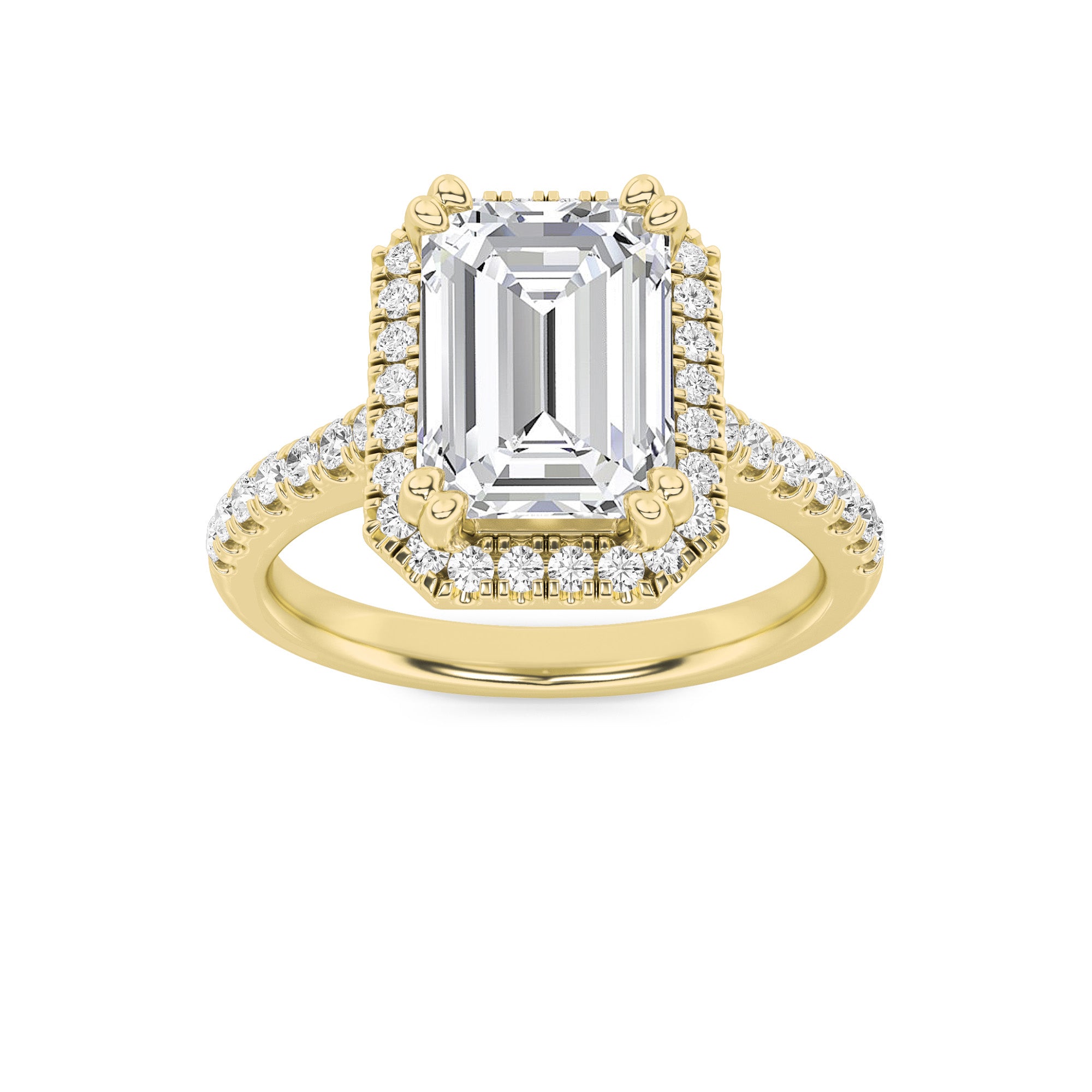 3Cttw Emerald Shaped Lab Grown Diamond (F/VS) Classic Halo Accented Engagement Ring in 14K Gold