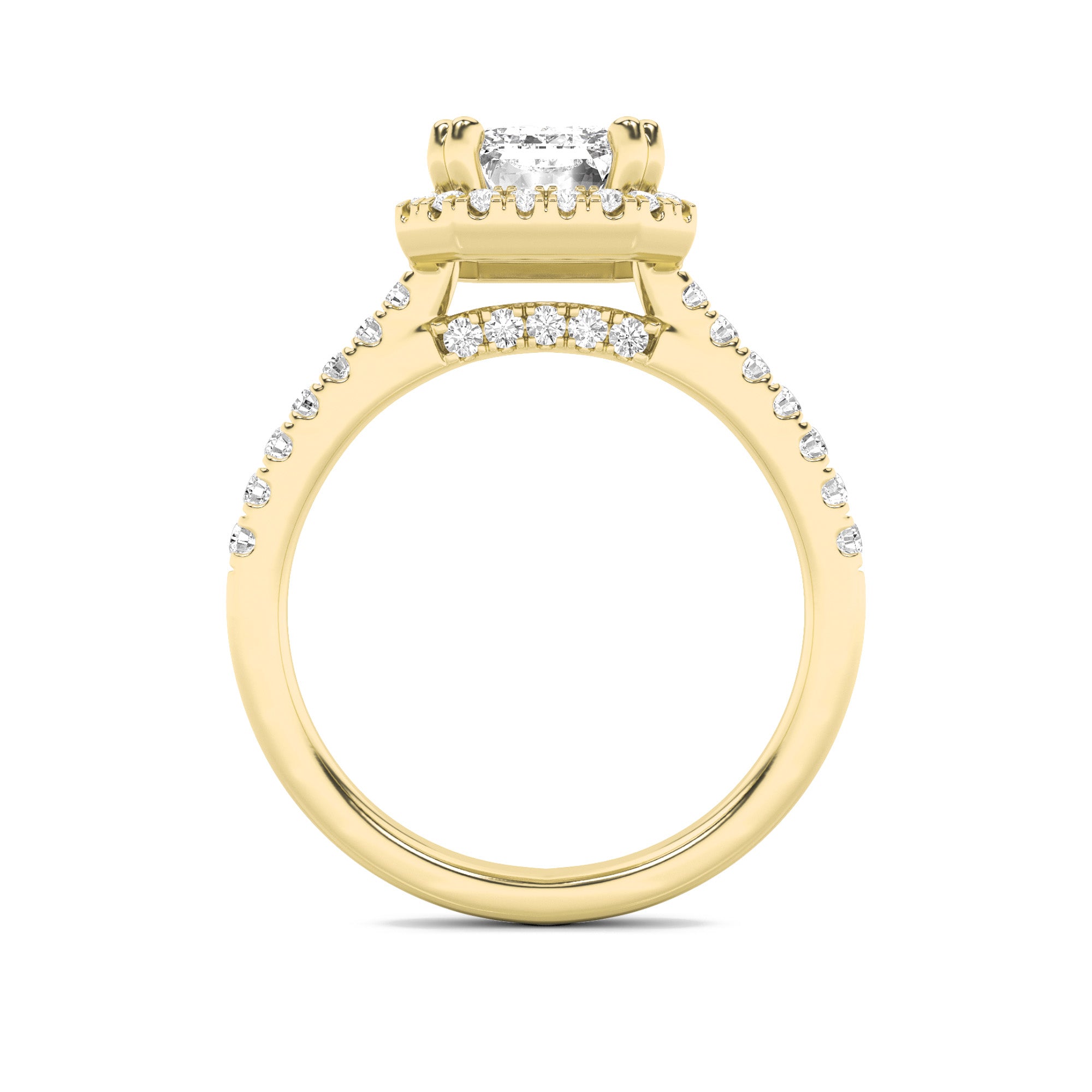 3Cttw Emerald Shaped Lab Grown Diamond (F/VS) Classic Halo Accented Engagement Ring in 14K Gold