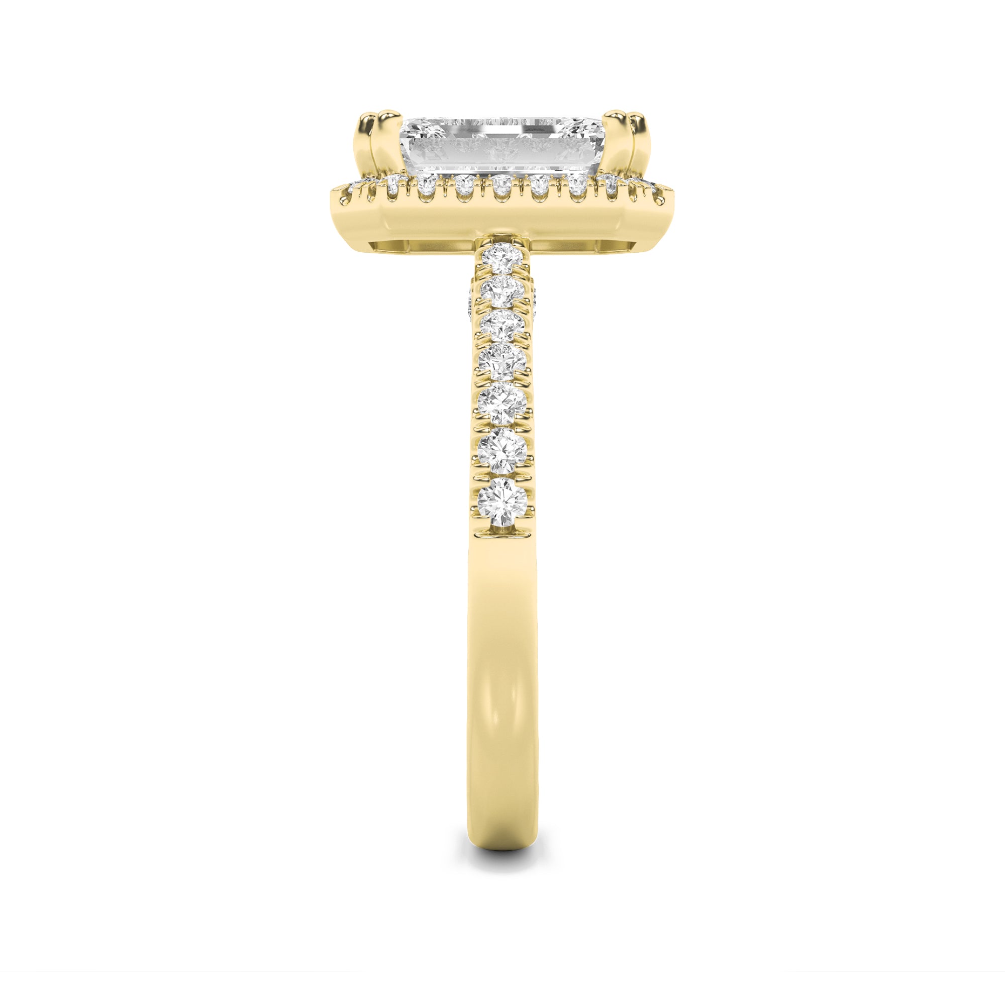 3Cttw Emerald Shaped Lab Grown Diamond (F/VS) Classic Halo Accented Engagement Ring in 14K Gold