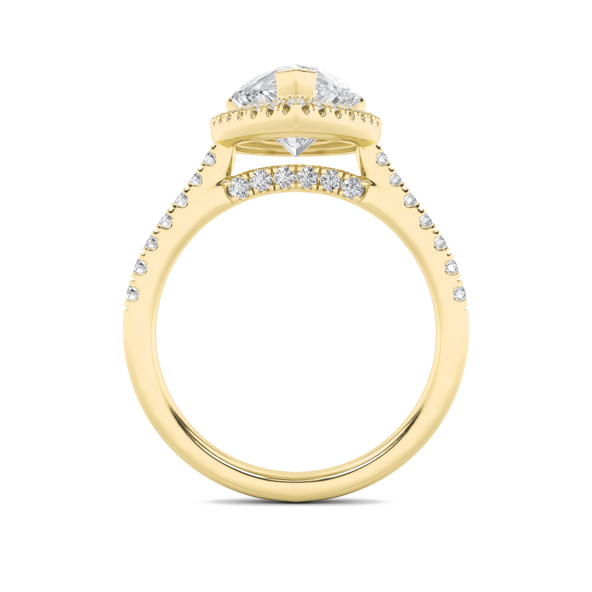 3Cttw Pear Shaped Lab Grown Diamond (F/VS) ClassicHalo Accented Engagement Ring in 14K Gold