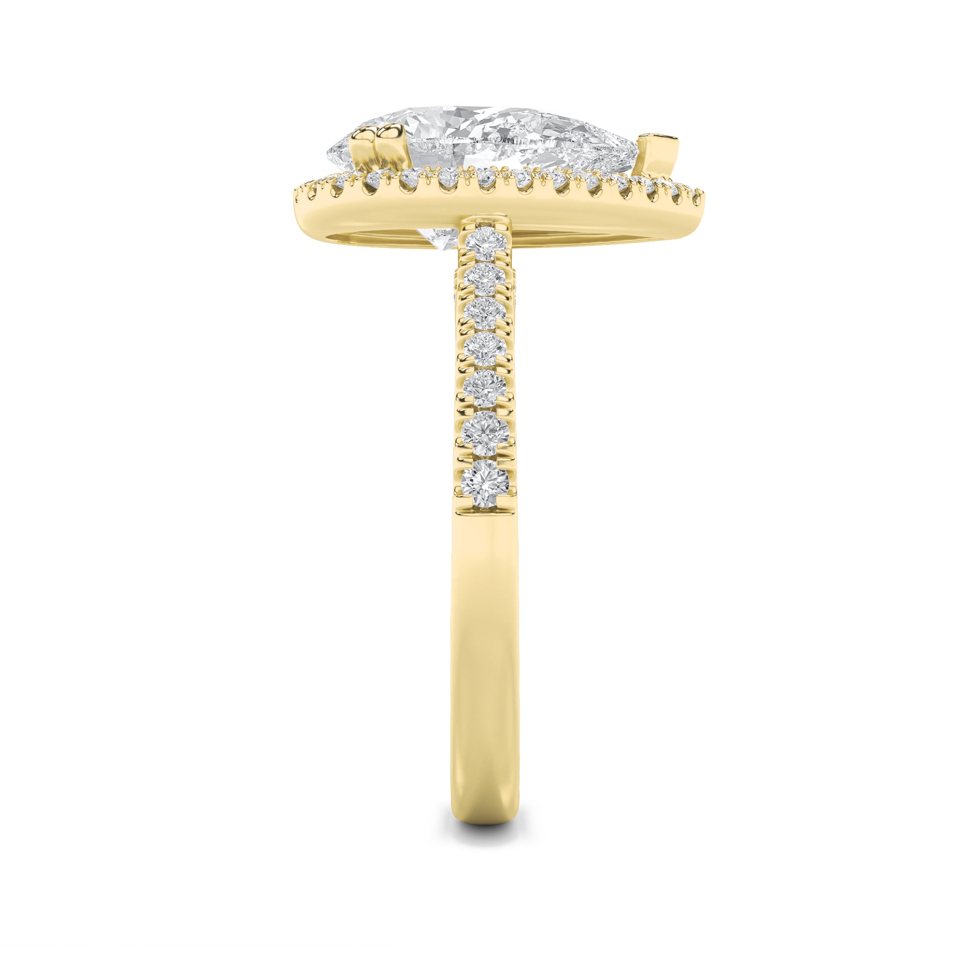 3Cttw Pear Shaped Lab Grown Diamond (F/VS) ClassicHalo Accented Engagement Ring in 14K Gold