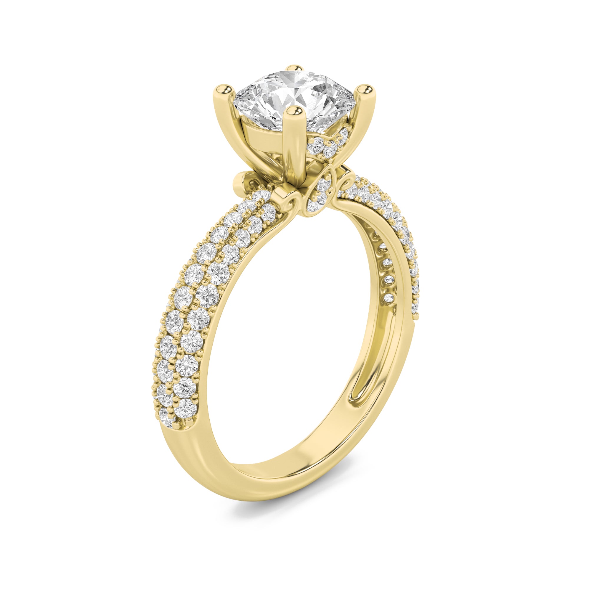 2Cttw Round Shaped Lab Grown Diamond (F/VS) ThreeRow Micro Pave Engagement Ring in 14K Gold