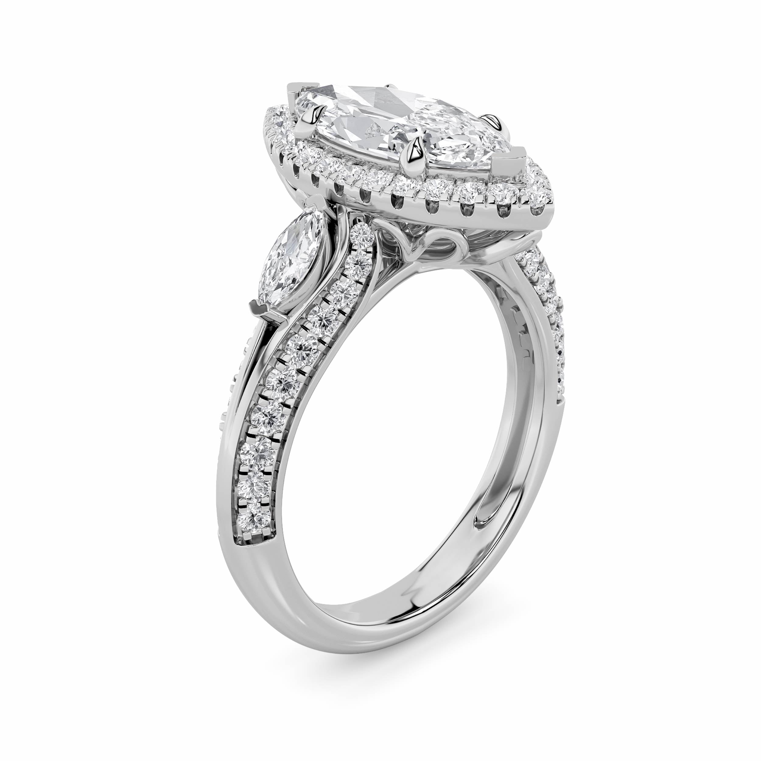3Cttw Marquise Shaped Lab Grown Diamond (F/VS) Three Stone Halo Enagement Ring in 14K Gold
