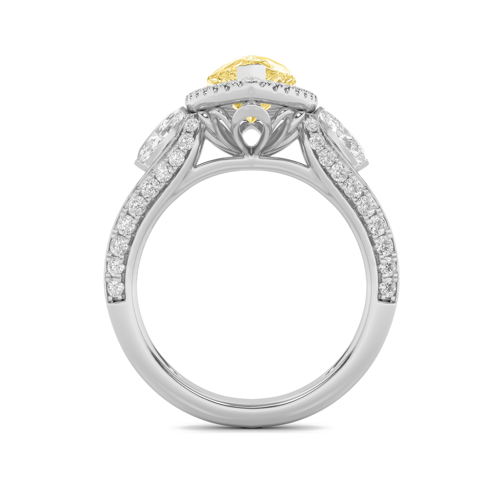 3Cttw Pear Shaped Lab Grown Diamond (F/VS) Three Stone Halo Enagement Ring in 14K Gold