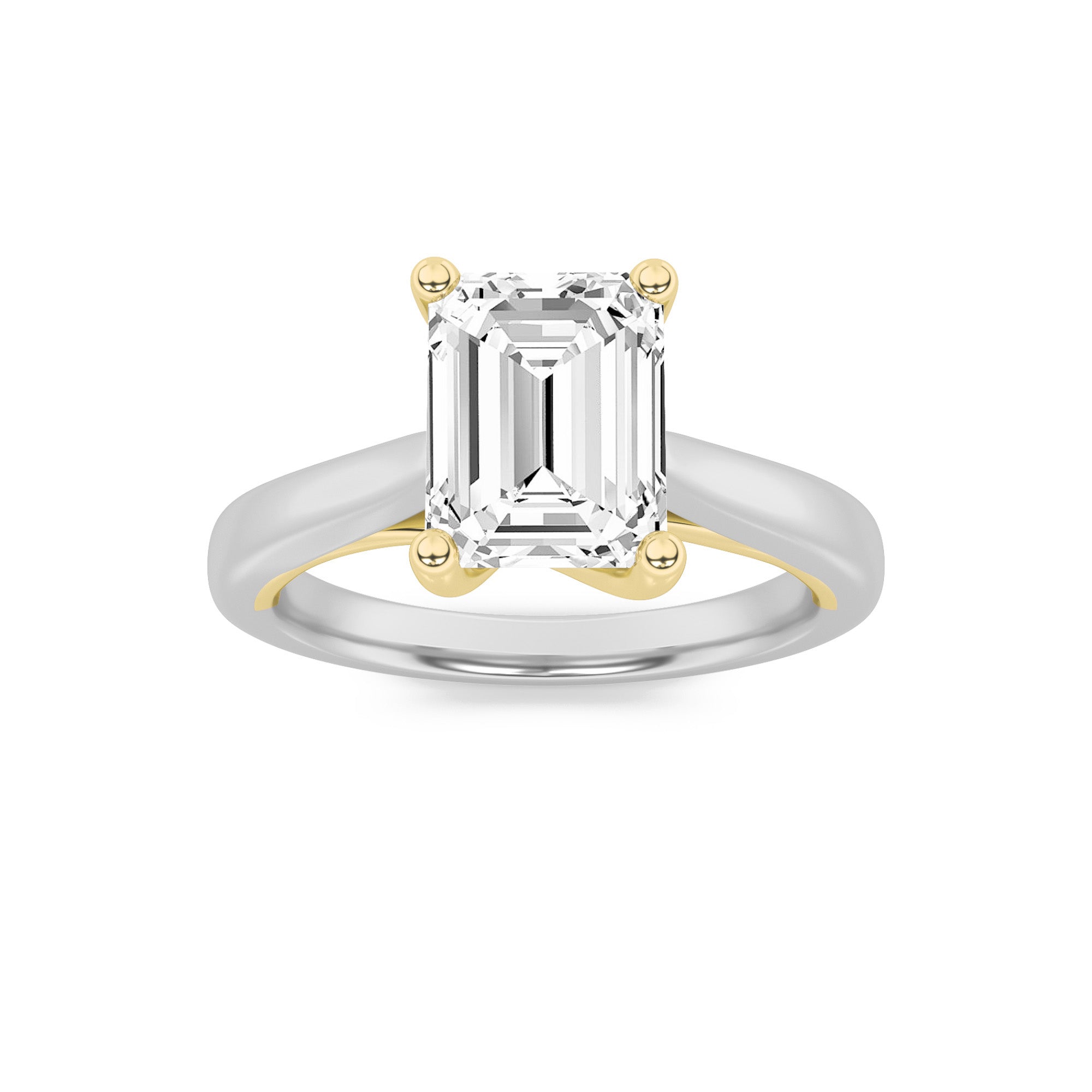 1Cttw Emerald Shaped Lab Grown Diamond (F/VS) TwoTone Cathedral Shank Engagement Ring in 14K Gold