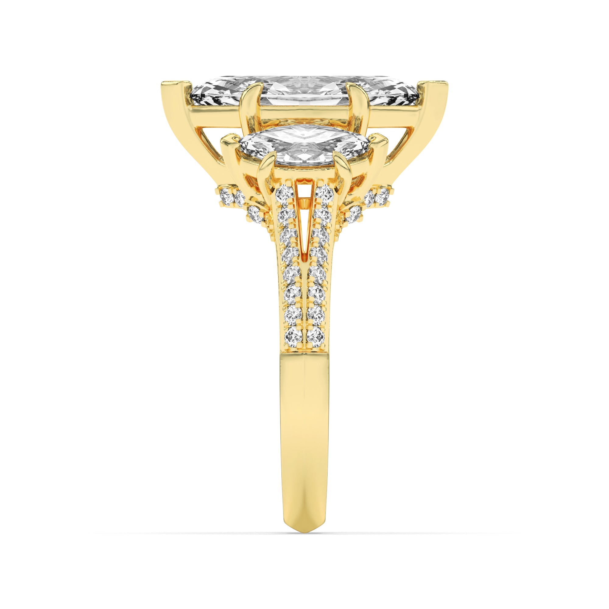4Cttw Marquise Shaped Lab Grown Diamond (G/VS) Three Stone Accented Engagement Ring in 14K Gold