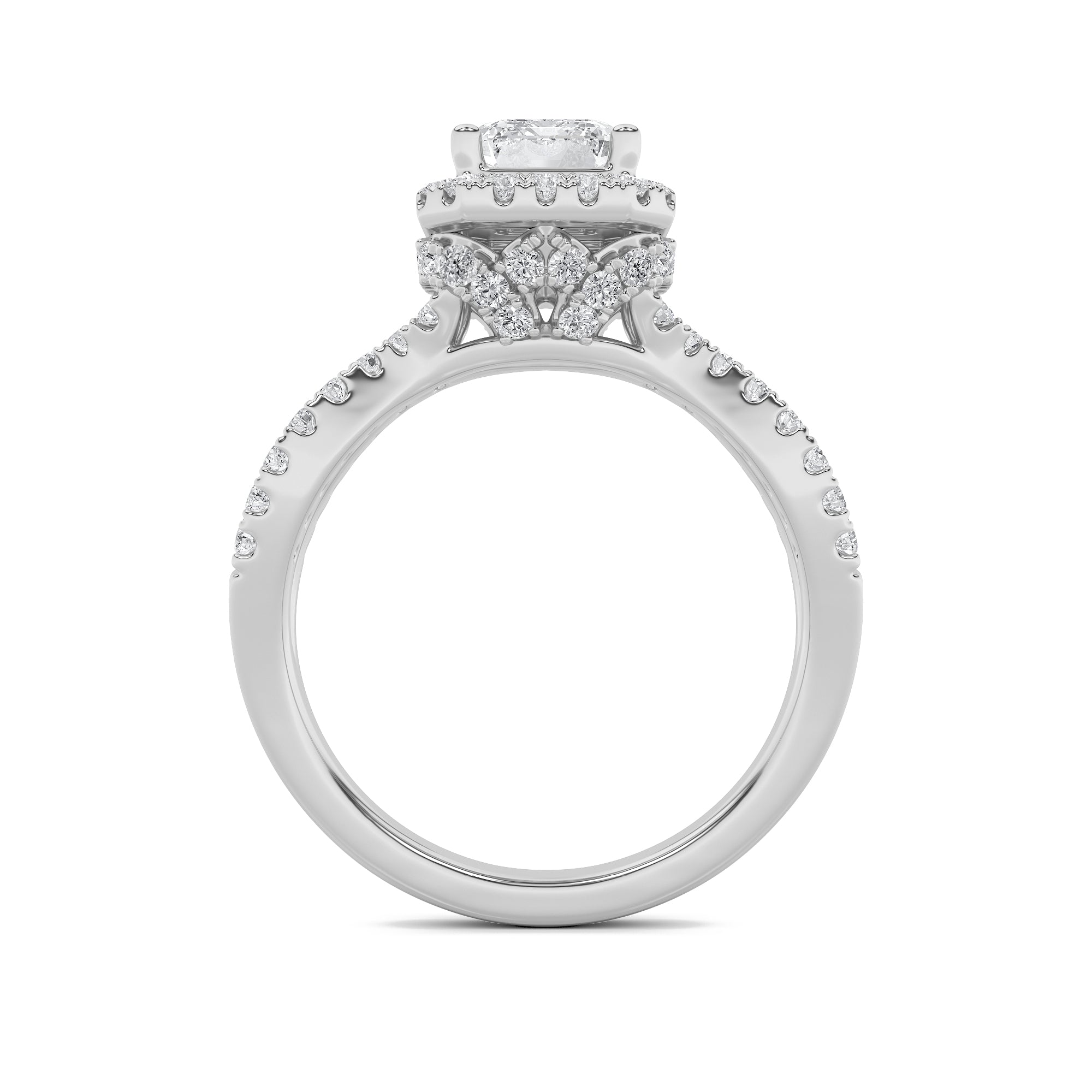 2Cttw Emerald Shaped Lab Grown Diamond (G/VS) Split Shank Halo Accented Engagement Ring in 14K Gold