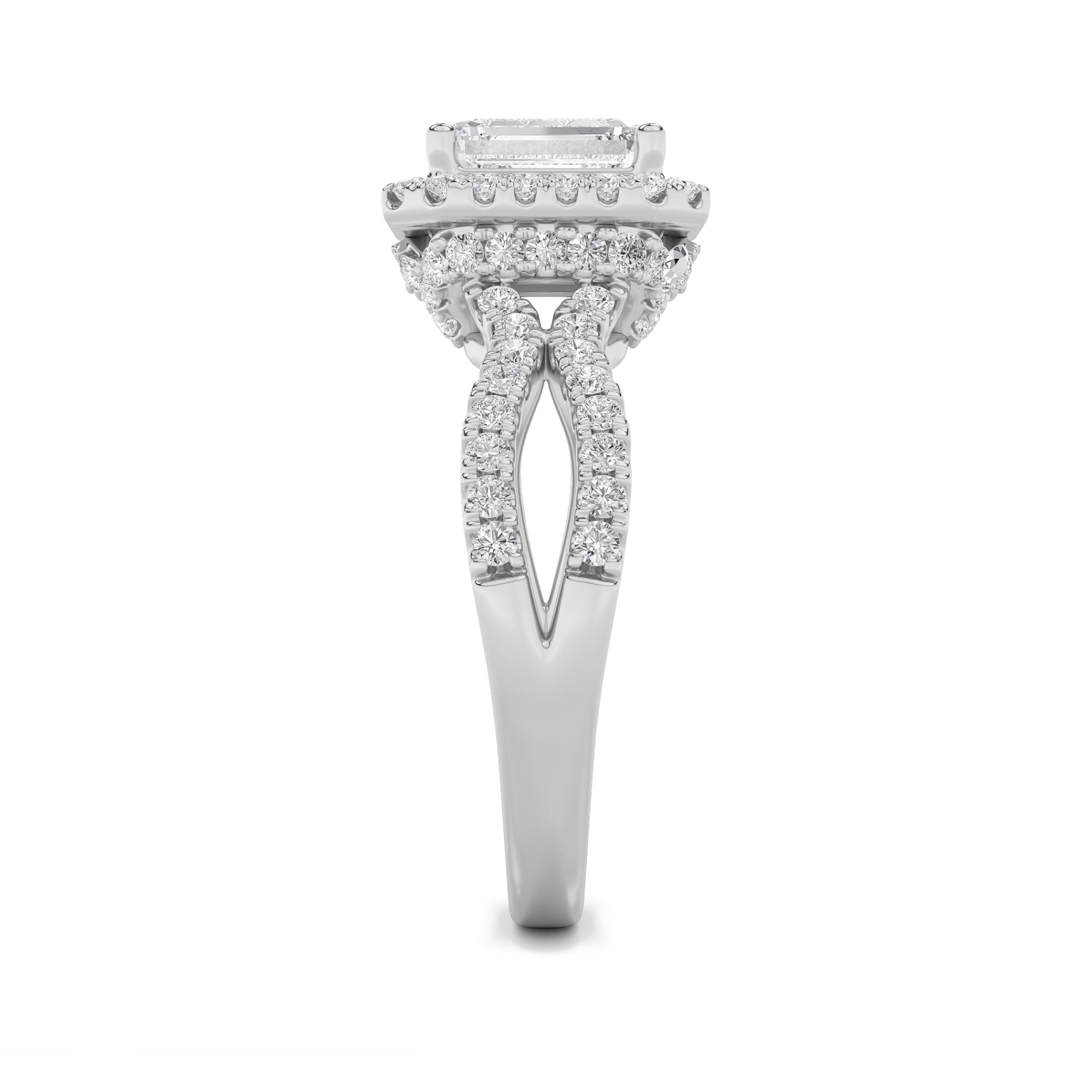 2Cttw Emerald Shaped Lab Grown Diamond (G/VS) Split Shank Halo Accented Engagement Ring in 14K Gold