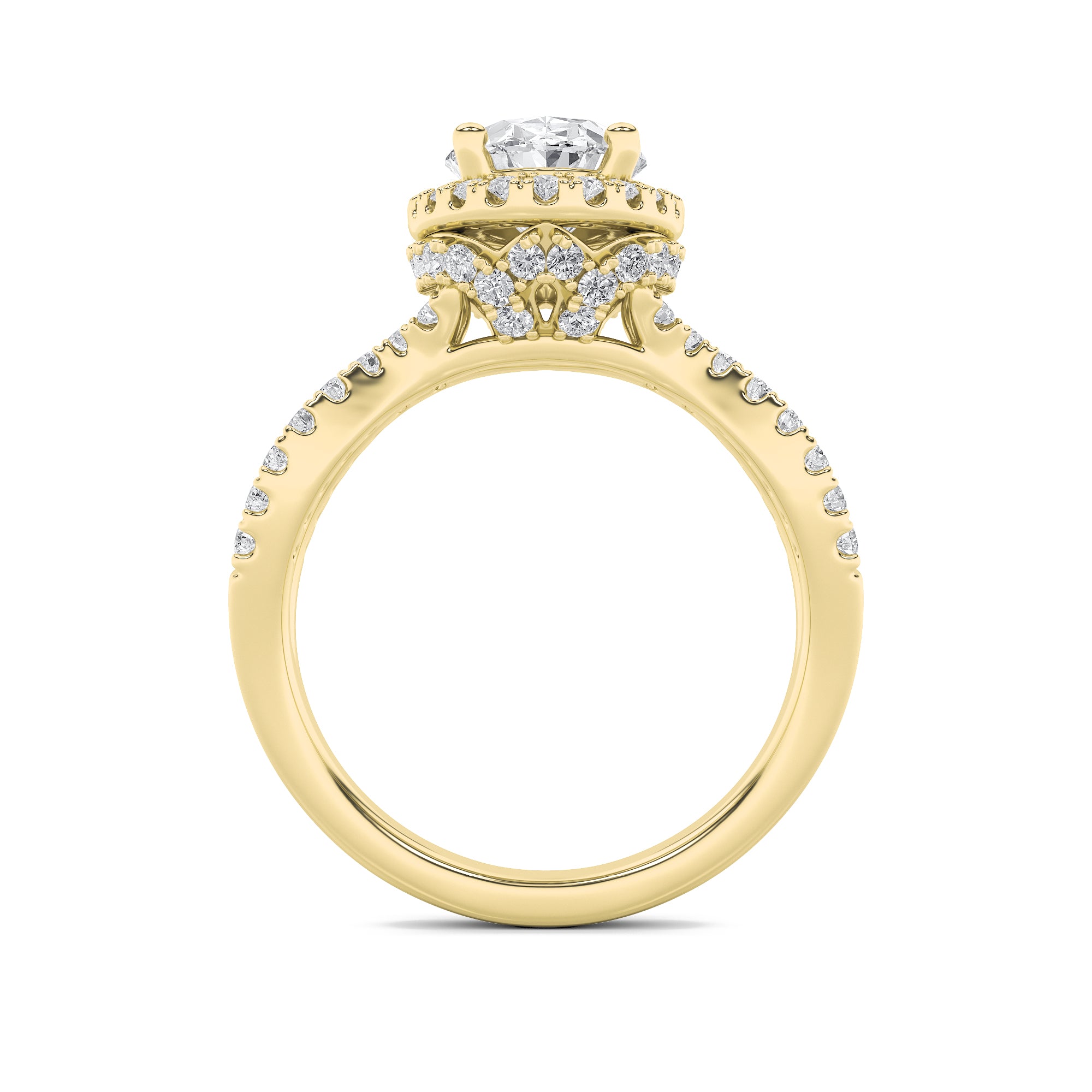2Cttw Oval Shaped Lab Grown Diamond (F/VS) Split Shank Halo Accented Engagement Ring in 14K Gold