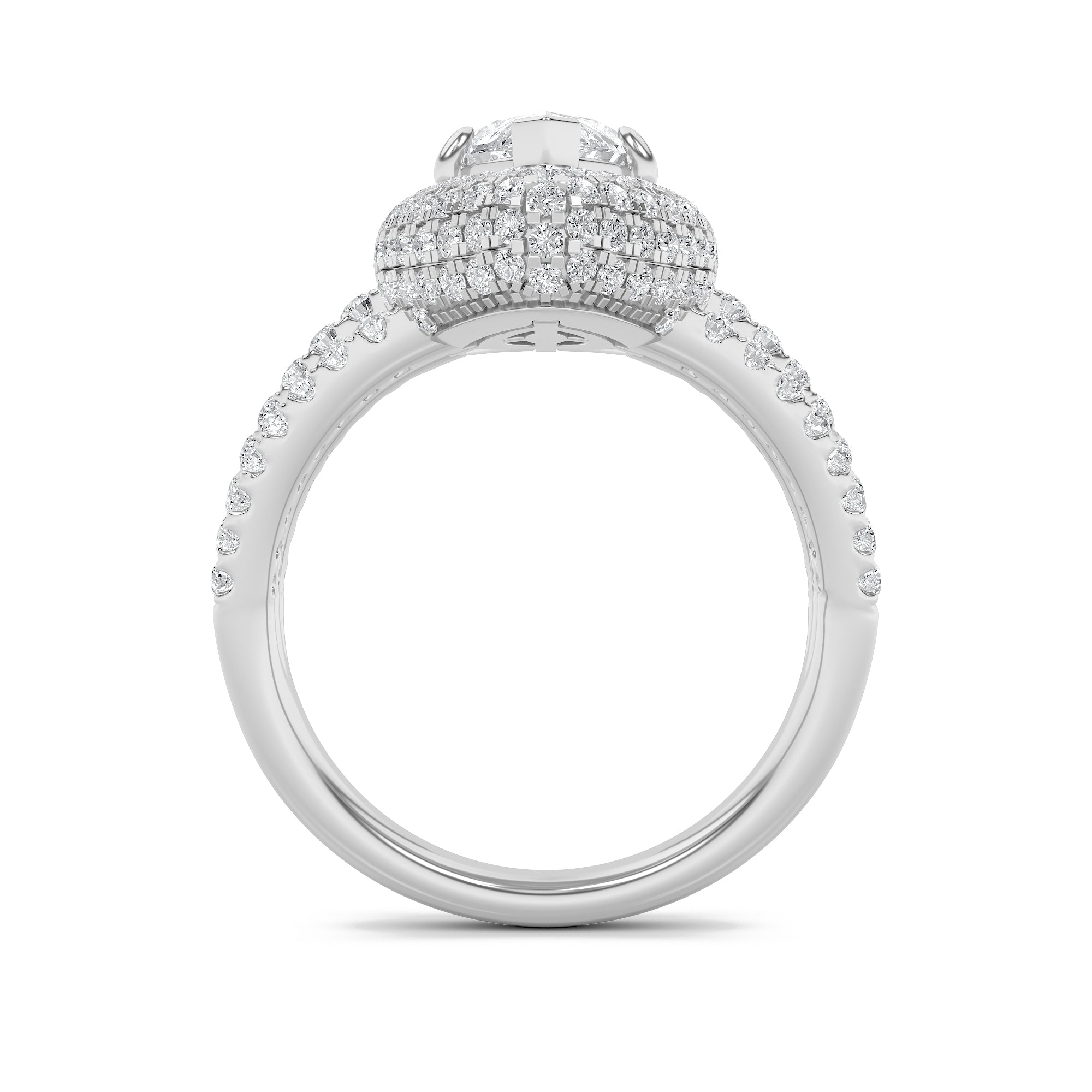 3Cttw Marquise Shaped Lab Grown Diamond (F/VS) Three Row Accented Halo Engagement Ring in 14K Gold