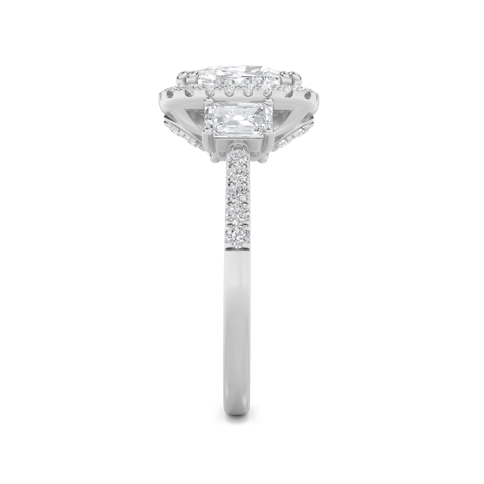 3Cttw Elongated Cushion Shaped Lab Grown Diamond (F/VS) Accented Three Stone Ring in 14K Gold