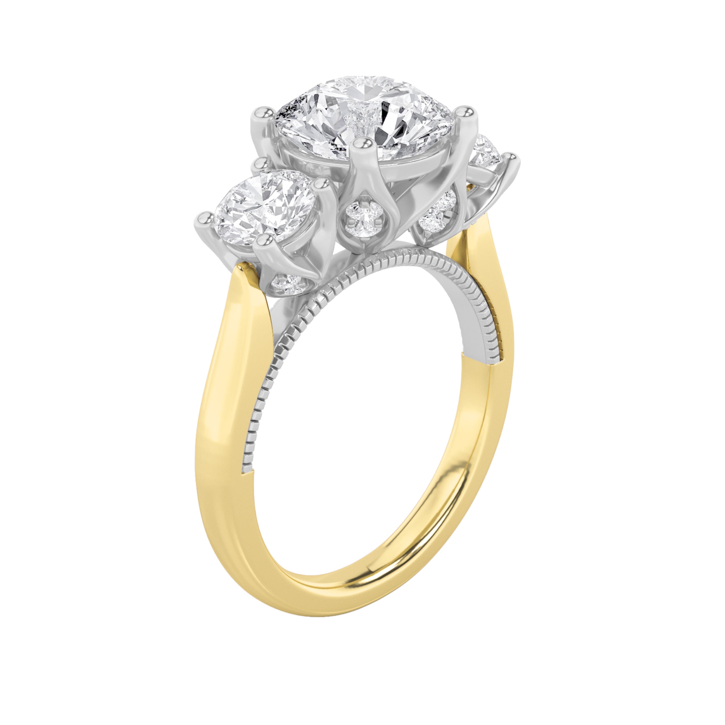 4Cttw Round Shaped Lab Grown Diamond (F/VS) Accented Three Stone Ring in 14K Gold