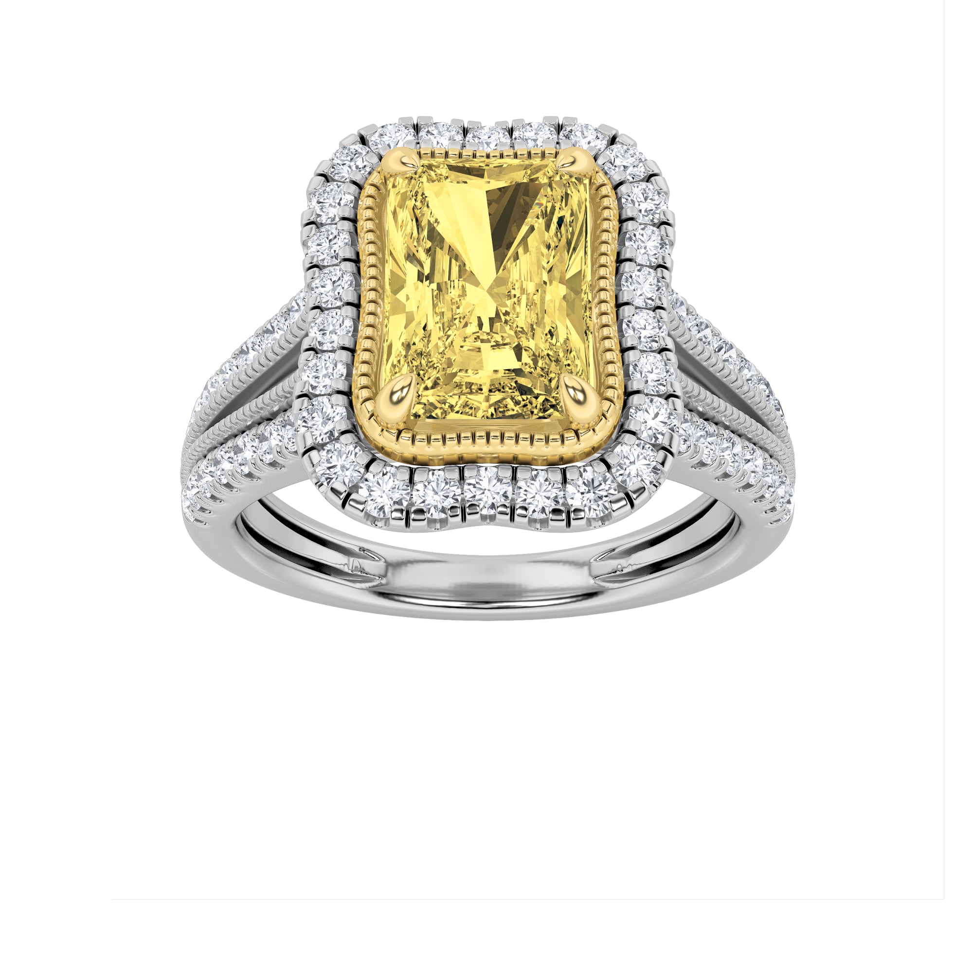 2.5Cttw Radiant Shaped Fancy Yellow Lab Grown Diamond (F/VS) Split Shank Halo Engagement Ring in 14KGold