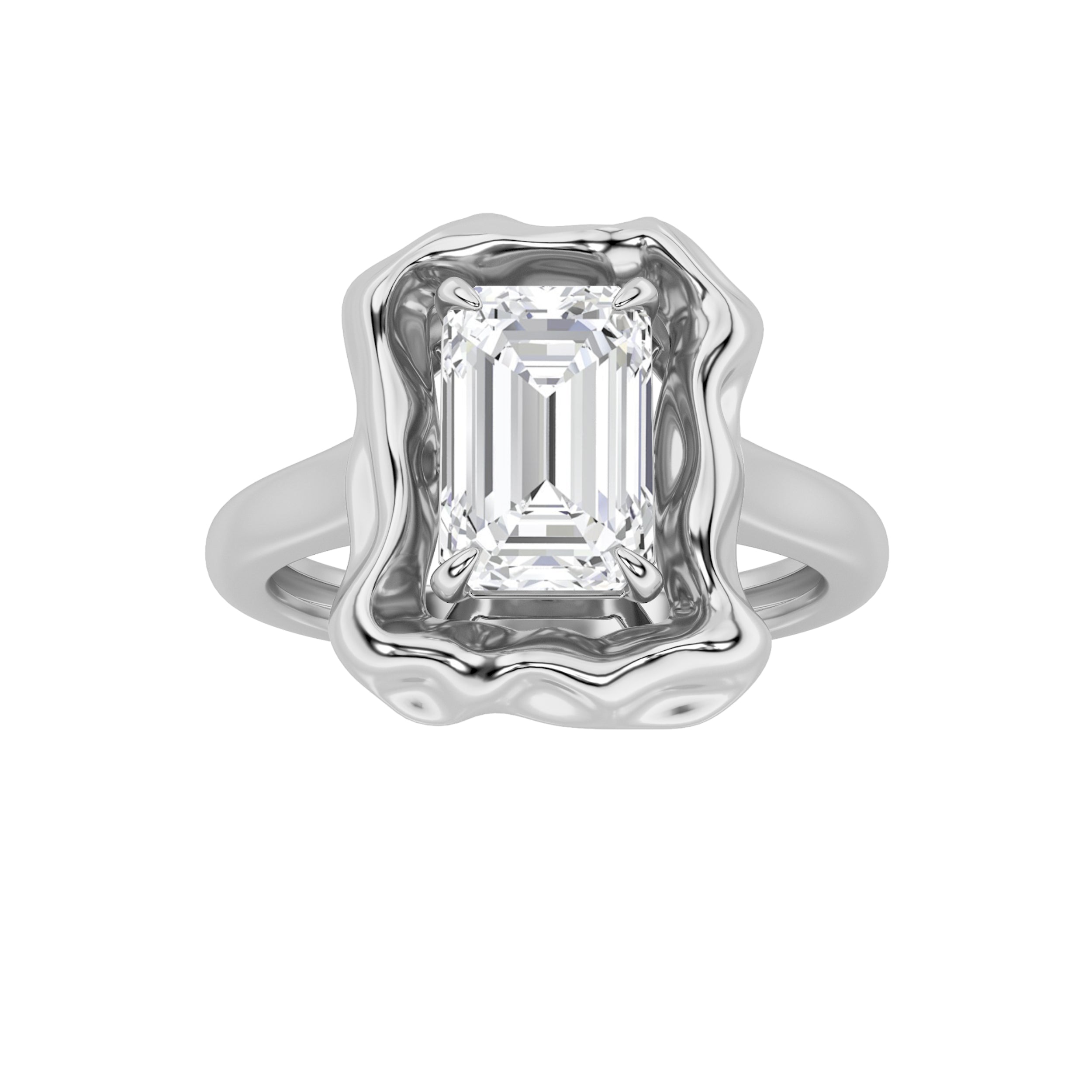 1.5Cttw Emerald Shaped Lab Grown Diamond (F/VS) Organic Design Solitaire Ring in 14K Gold