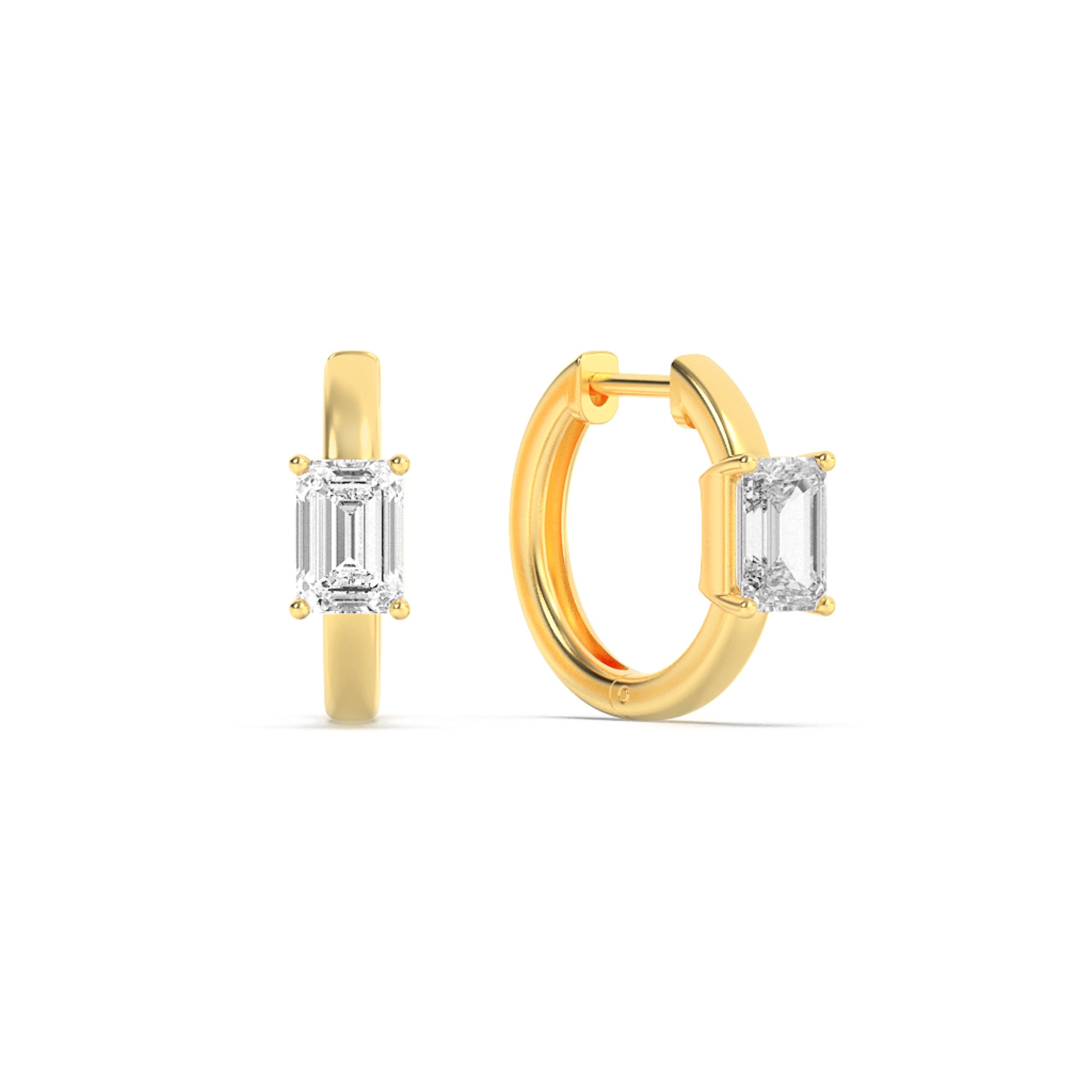 1.5Cttw Emerald Shaped Lab Grown Diamond (F/VS) Solitaire Huggie Earrings in 14K Yellow Gold