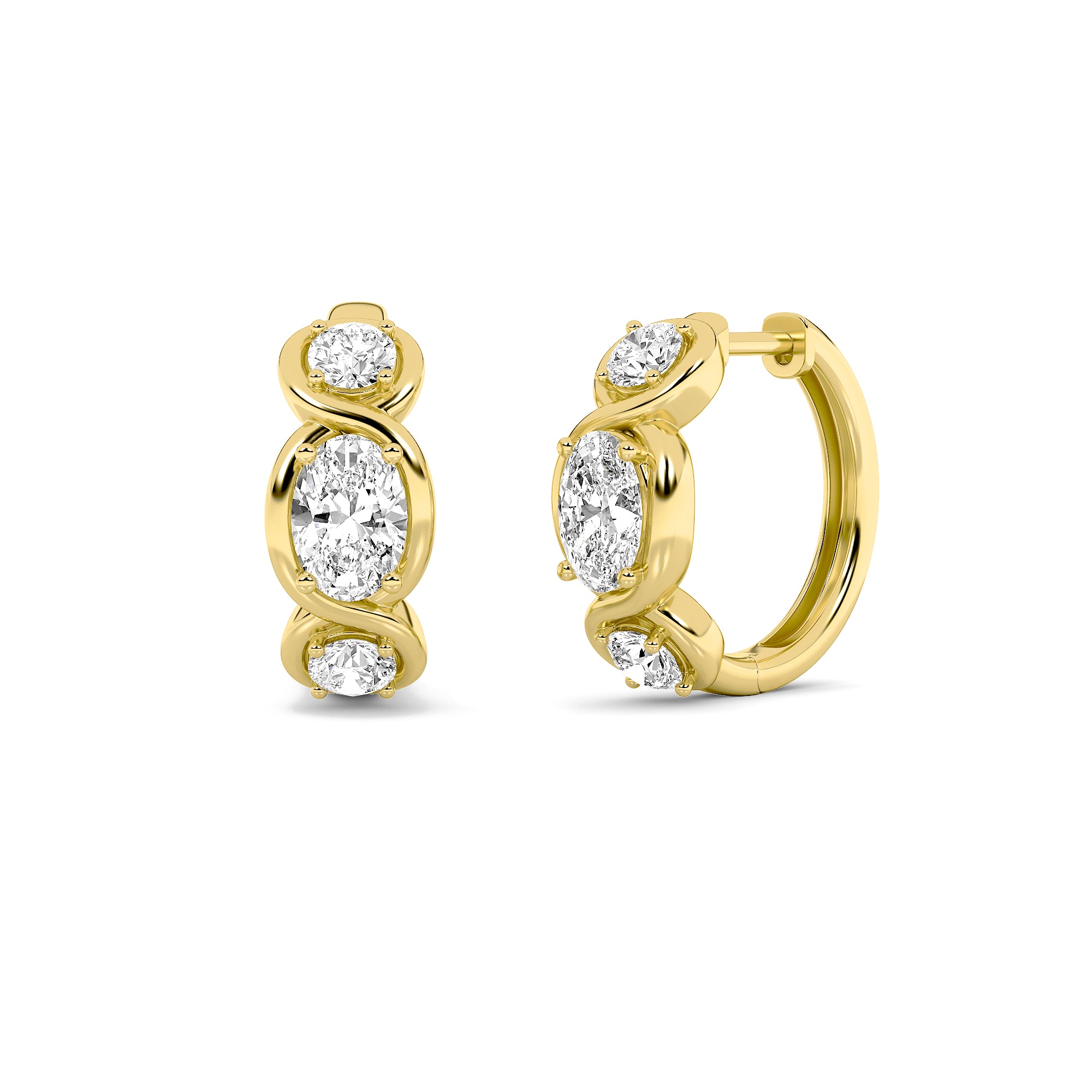 2.5Cttw Oval Shaped Lab Grown Diamond (F/VS) ThreeStone Huggie Earrings in 14K Gold