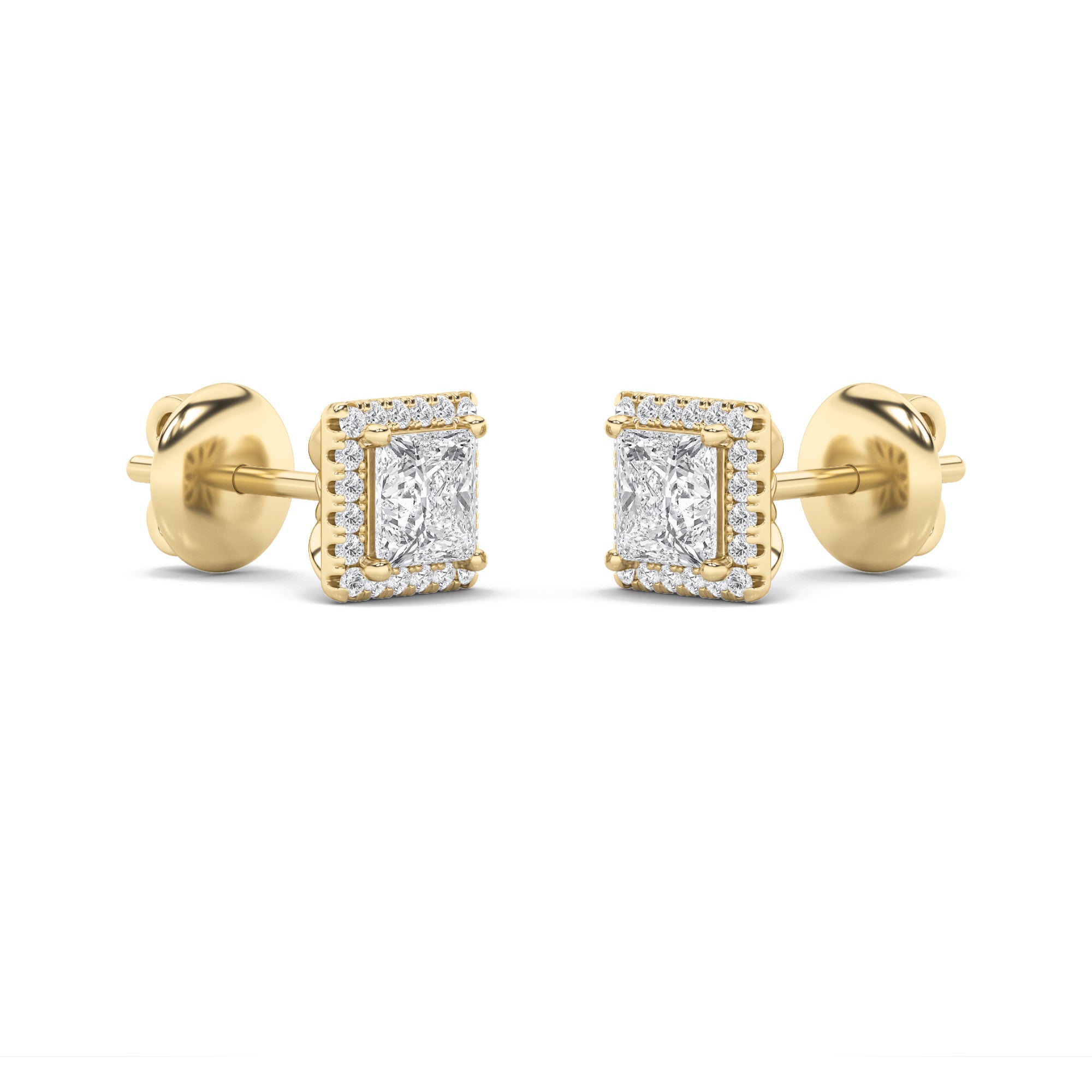 2Cttw Princess Shaped Lab Grown Diamond (F/VS) Halo Stud Earrings in 14K Gold