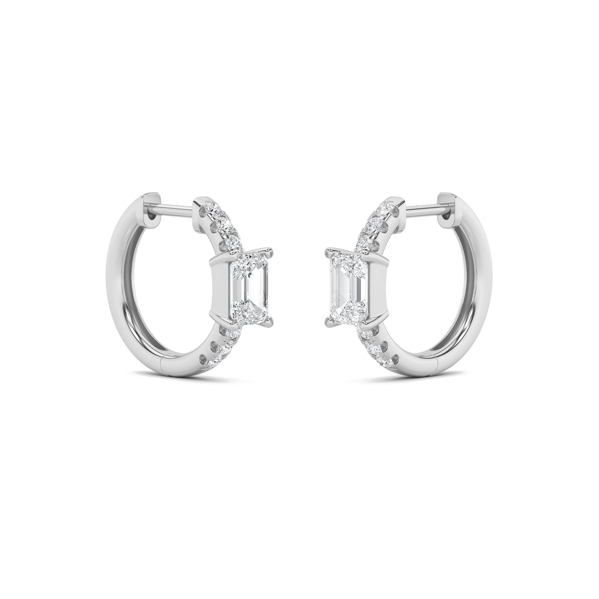 1.5Cttw Emerald Shaped Lab Grown Diamond (F/VS) Solitare Accent Huggie Earrings in 14K Gold