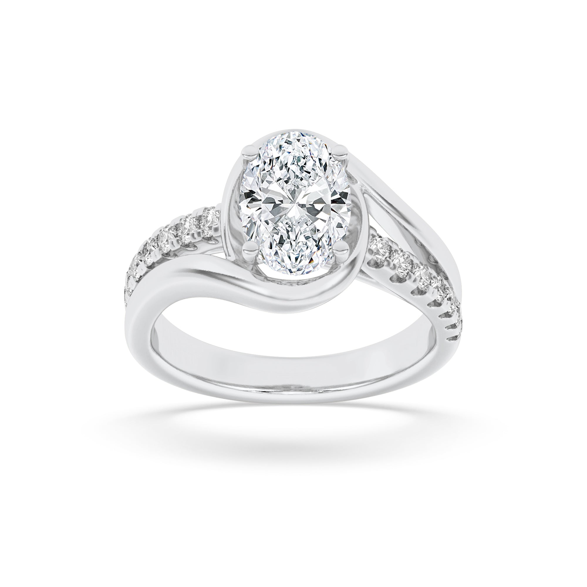 2Cttw Oval Shaped Lab Grown Diamond (G/VS) Swirl Shank Accented Engagement Ring in 14K Gold