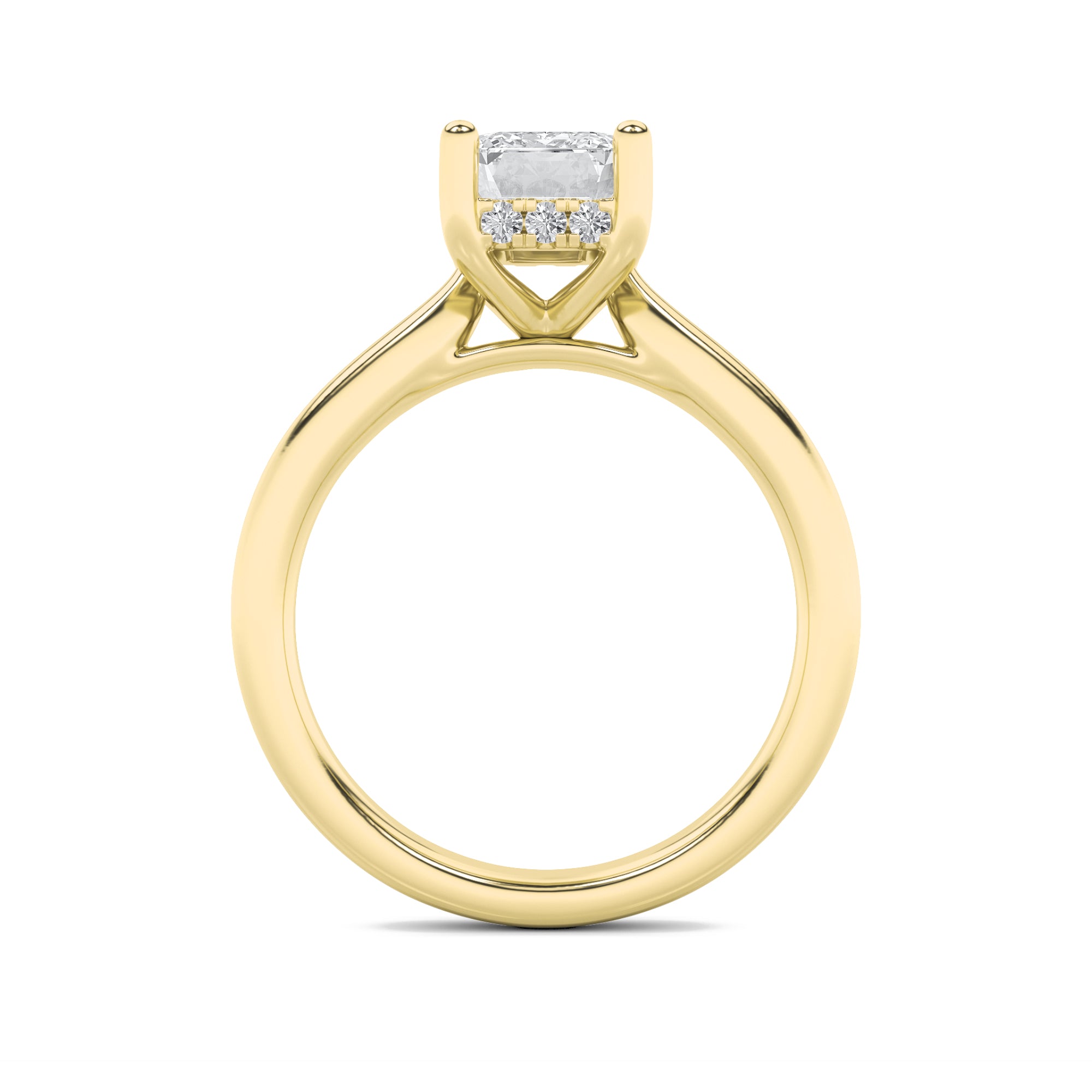 1Cttw Emerald Shaped Lab Grown Diamond (F/VS) Hidden Halo Cathedral Shank Engagement Ring in 14K Gold