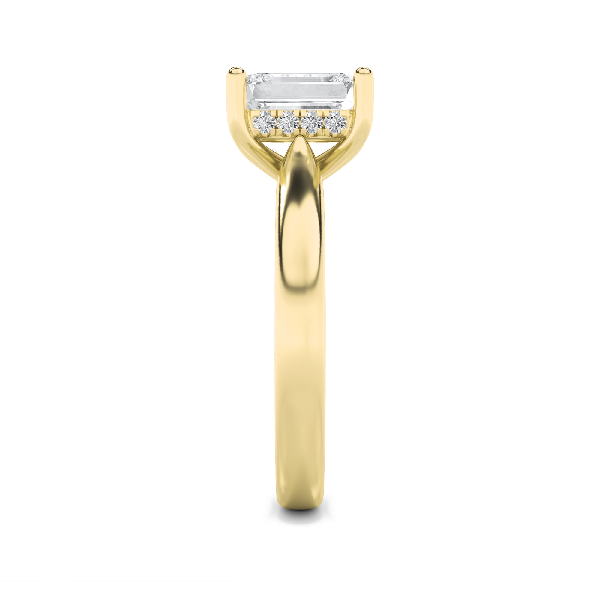 1Cttw Emerald Shaped Lab Grown Diamond (F/VS) Hidden Halo Cathedral Shank Engagement Ring in 14K Gold