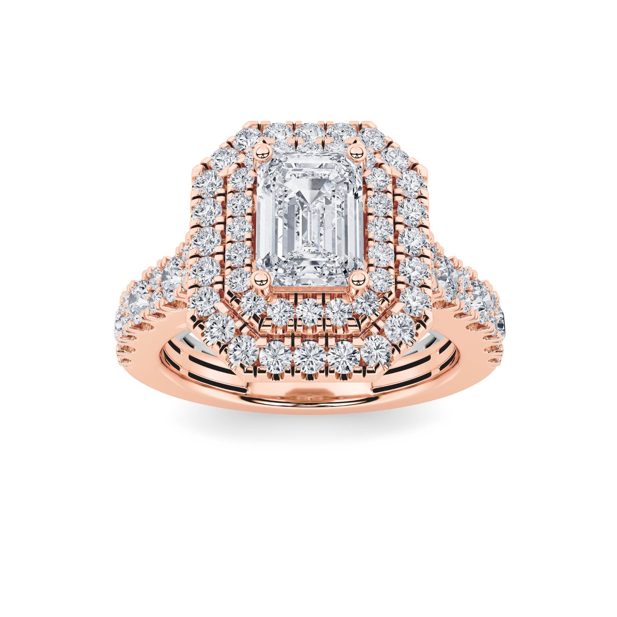 2Cttw Emerald Shaped Lab Grown Diamond (F/VS) Double Halo Engagement Ring in 14K Gold