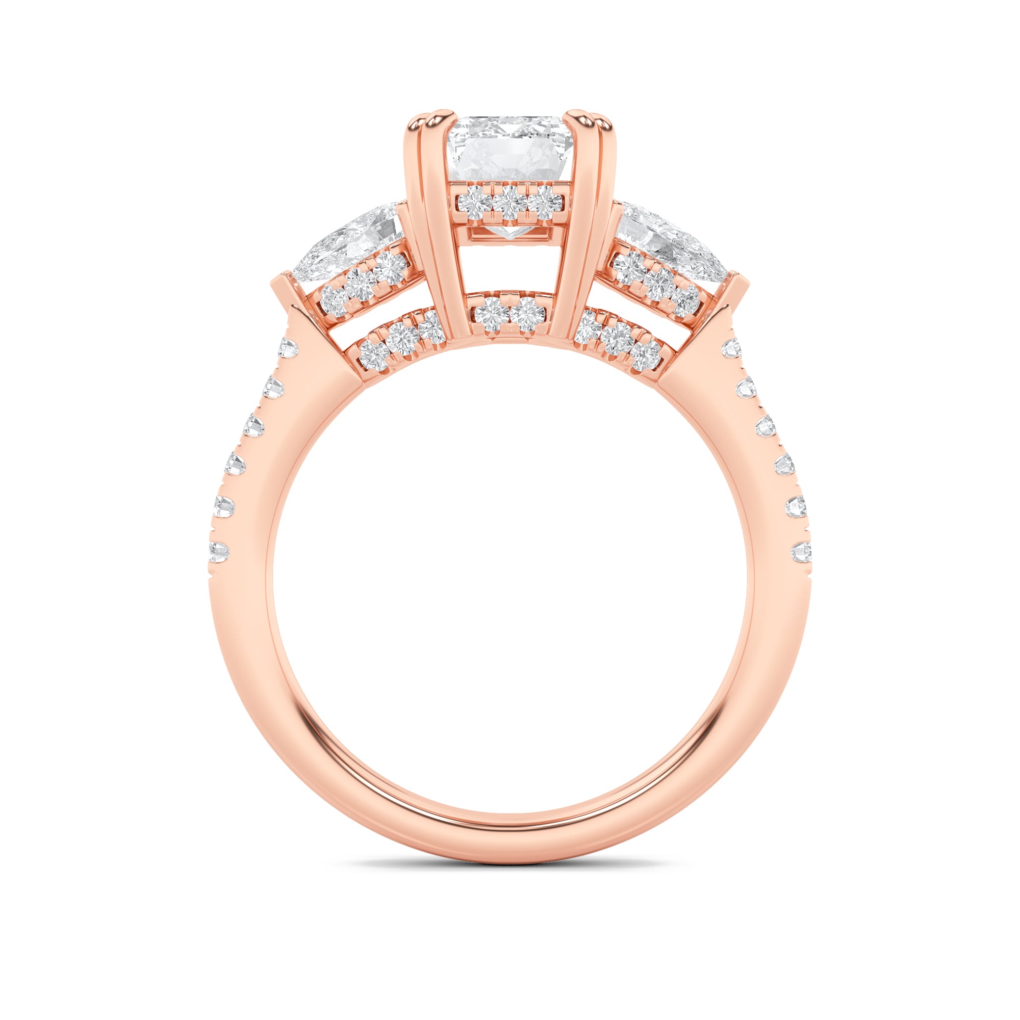 3Cttw Radiant Shaped Lab Grown Diamond (F/VS) Accented Three Stone Ring in 14K Gold
