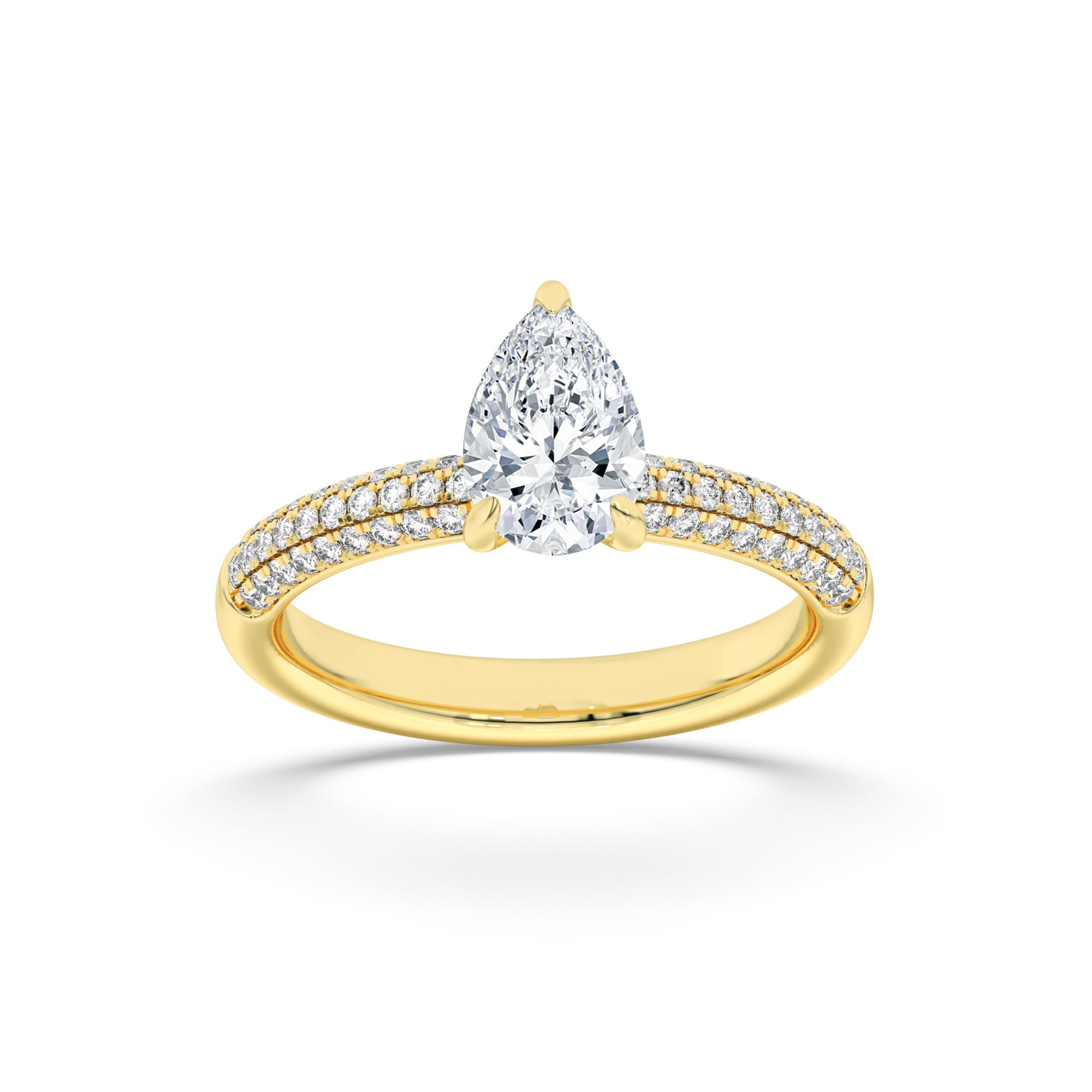 1.5Cttw Pear Shaped Lab Grown Diamond (F/VS) ThreeRow Micro Pave Engagement Ring in 14K Gold