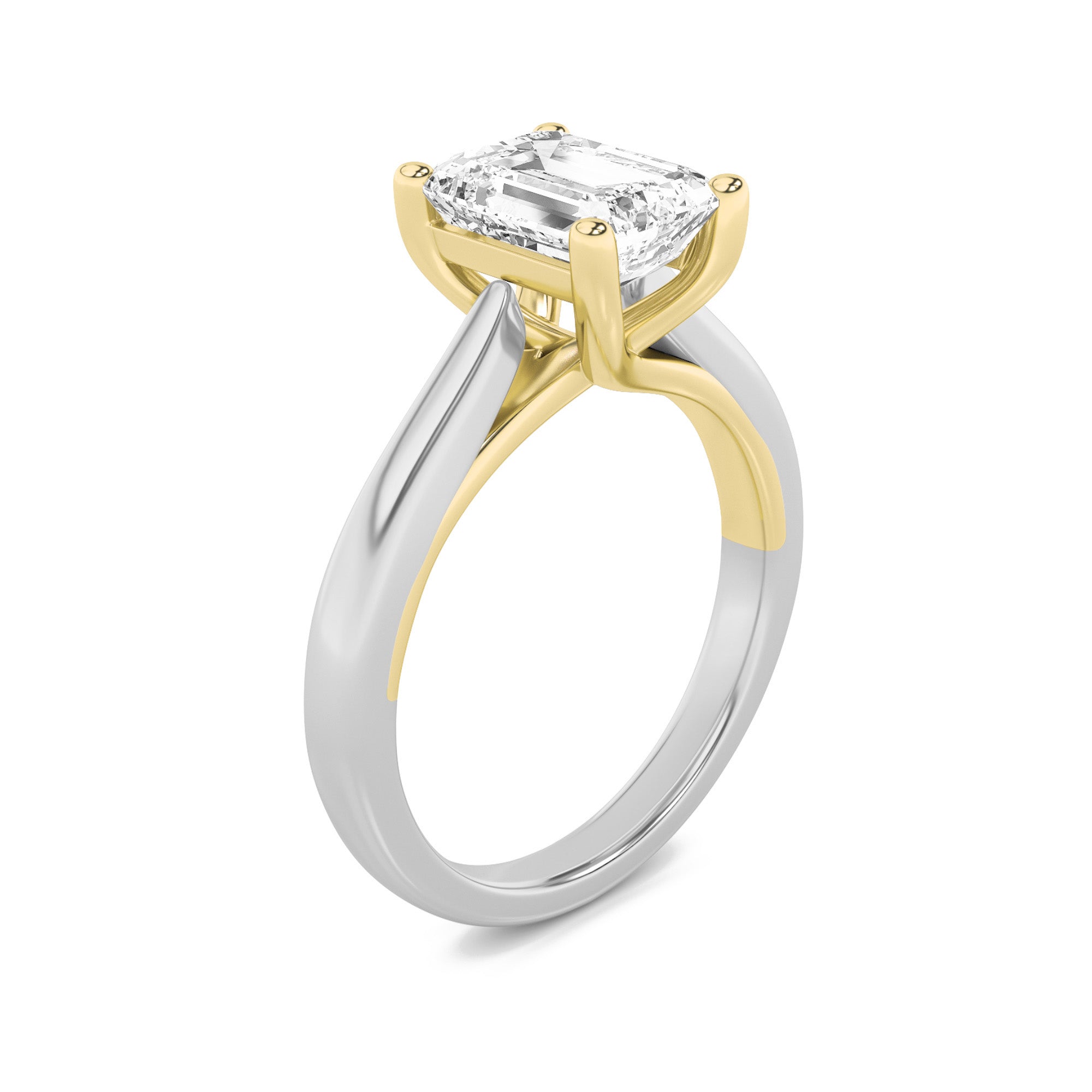 1.5Cttw Emerald Shaped Lab Grown Diamond (F/VS) Two Tone Cathedral Shank Engagement Ring in 14K Gold