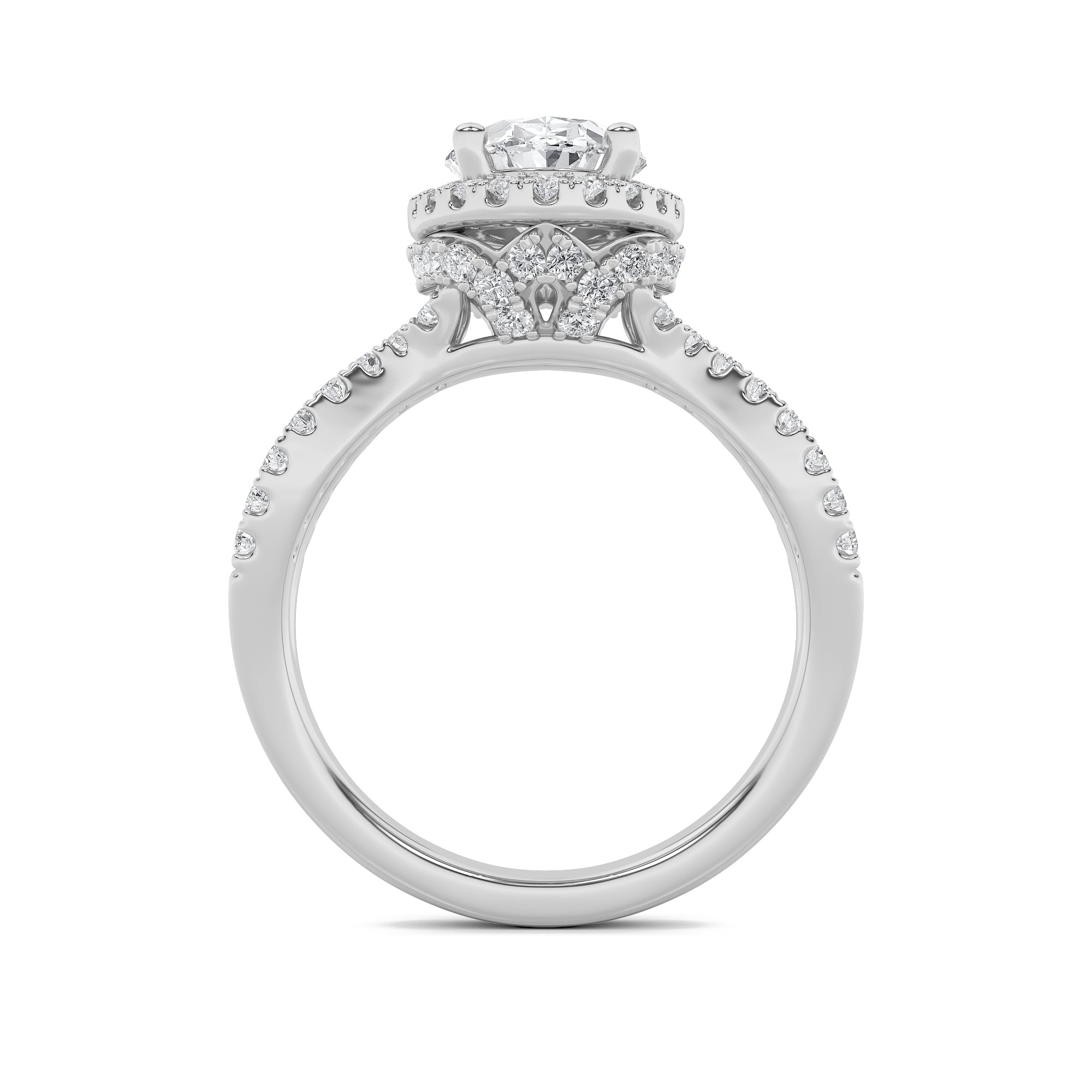 2Cttw Oval Shaped Lab Grown Diamond (F/VS) Split Shank Halo Accented Engagement Ring in 14K Gold