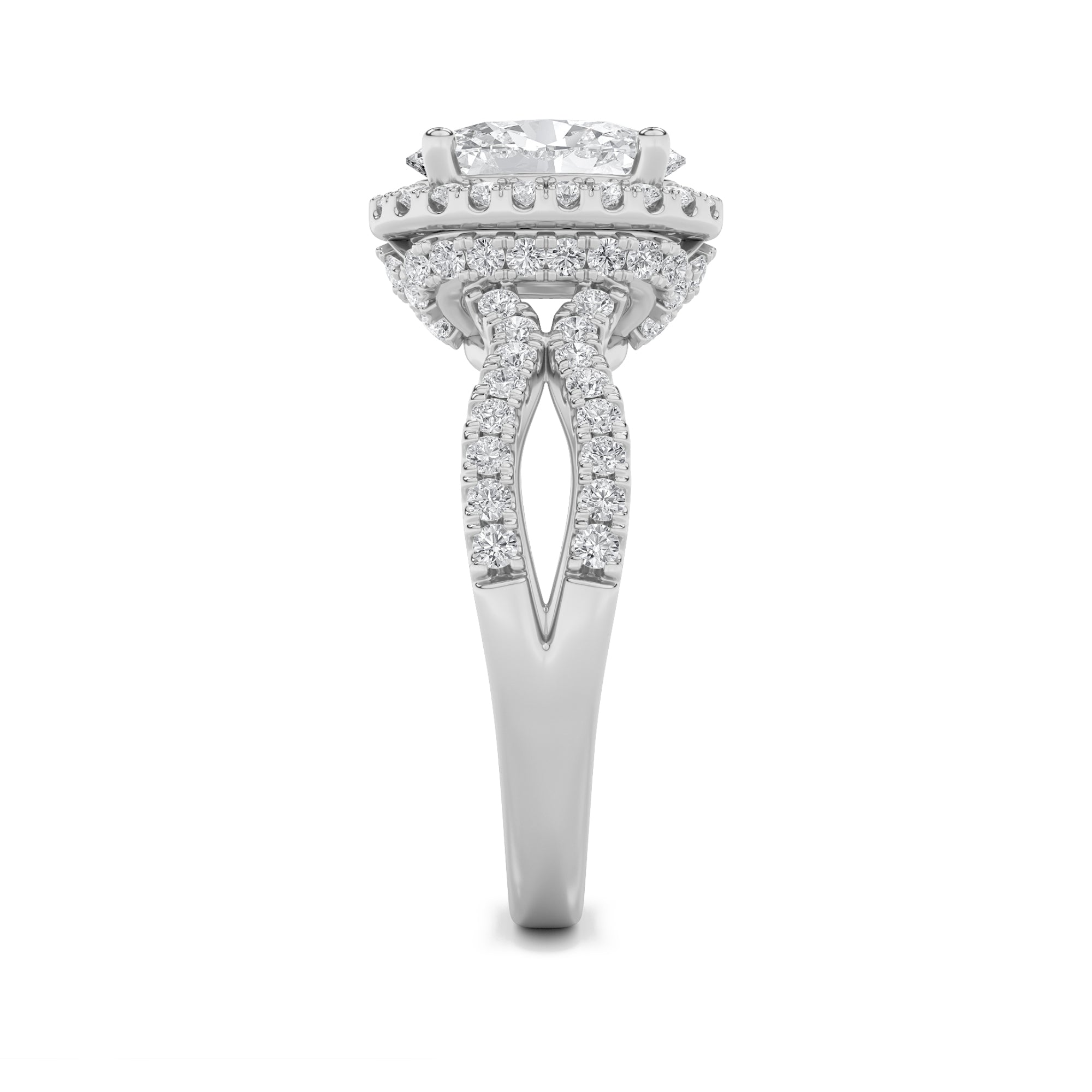 2Cttw Oval Shaped Lab Grown Diamond (F/VS) Split Shank Halo Accented Engagement Ring in 14K Gold