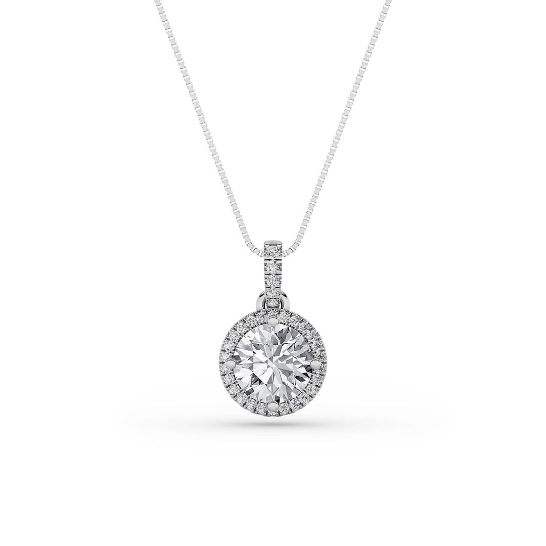 2.0ct Round Shaped Lab Grown Diamond (F/VS) Halo Pendant in 14K White Gold