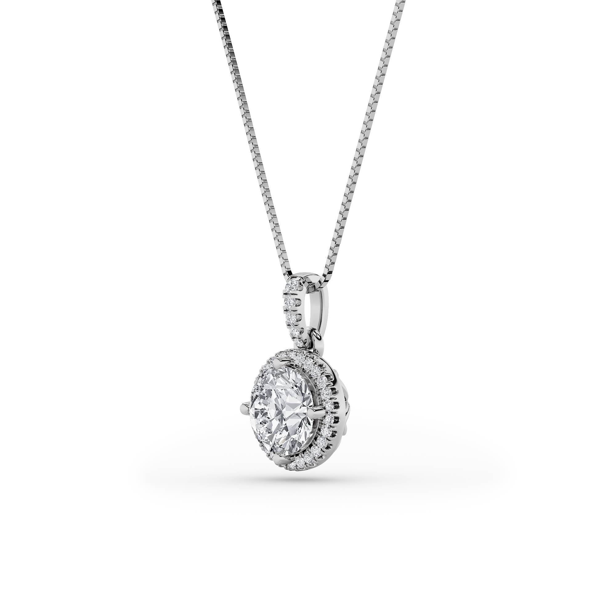 2.0ct Round Shaped Lab Grown Diamond (F/VS) Halo Pendant in 14K White Gold