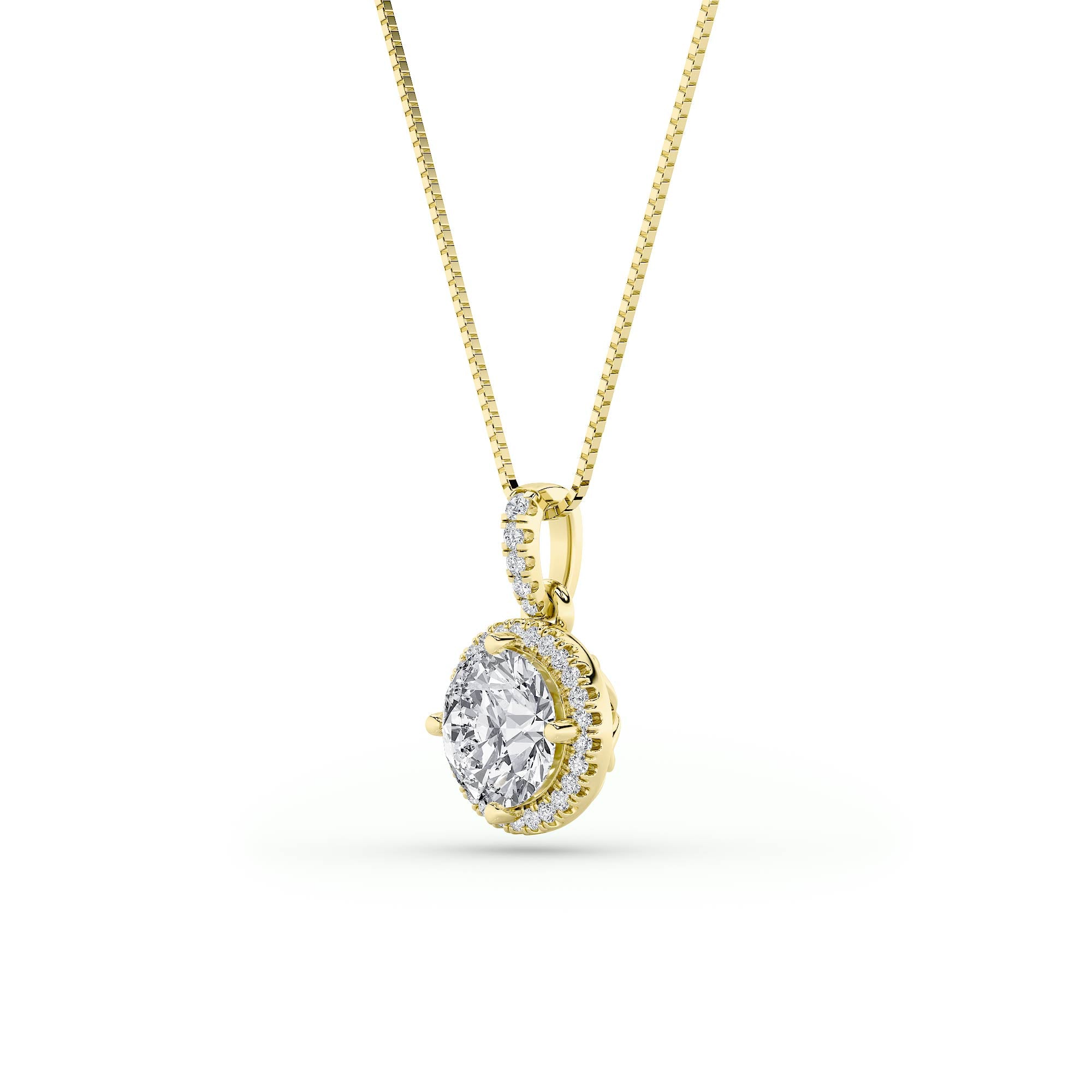2.0ct Round Shaped Lab Grown Diamond (F/VS) Halo Pendant in 14K Yellow Gold