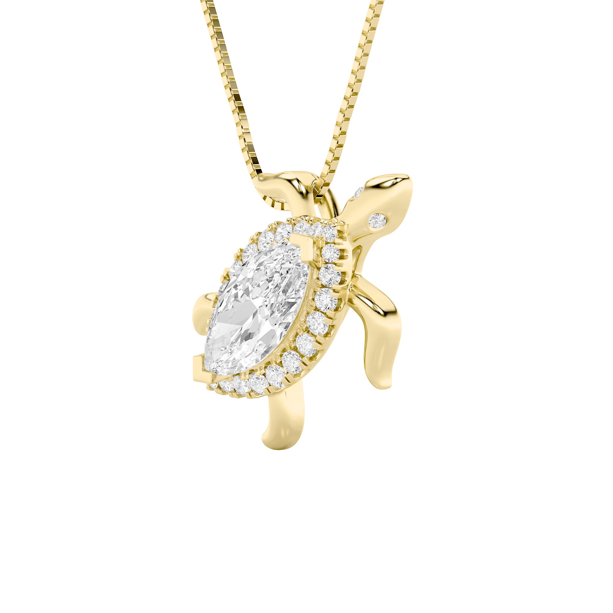 2.0ct Marquise Shaped Lab Grown Diamond (F/VS) Accented Turtle Pendant in 14K Yellow Gold