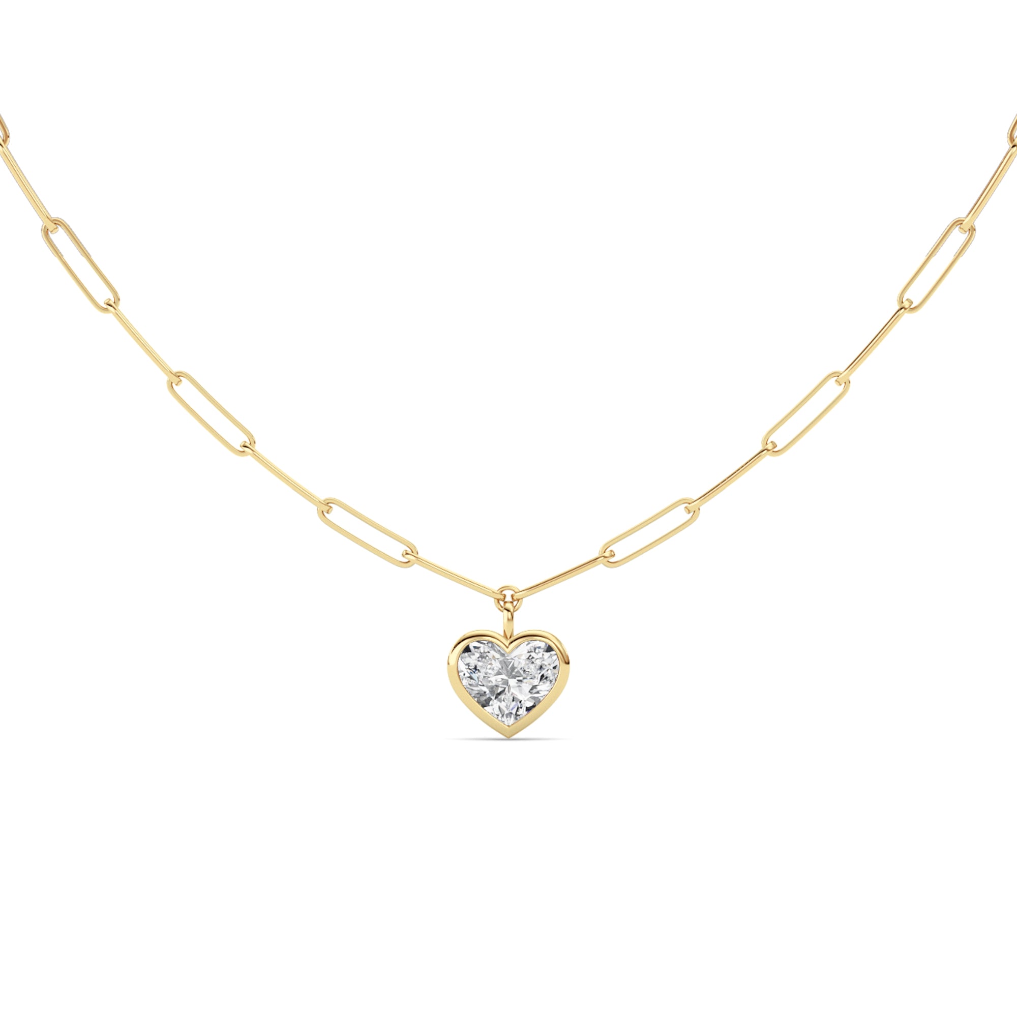 4.0 Ct Heart (F/VS) Lab Grown Diamond Bezel 14K Yellow Gold Paperclip Link Solitaire Pendant Necklace