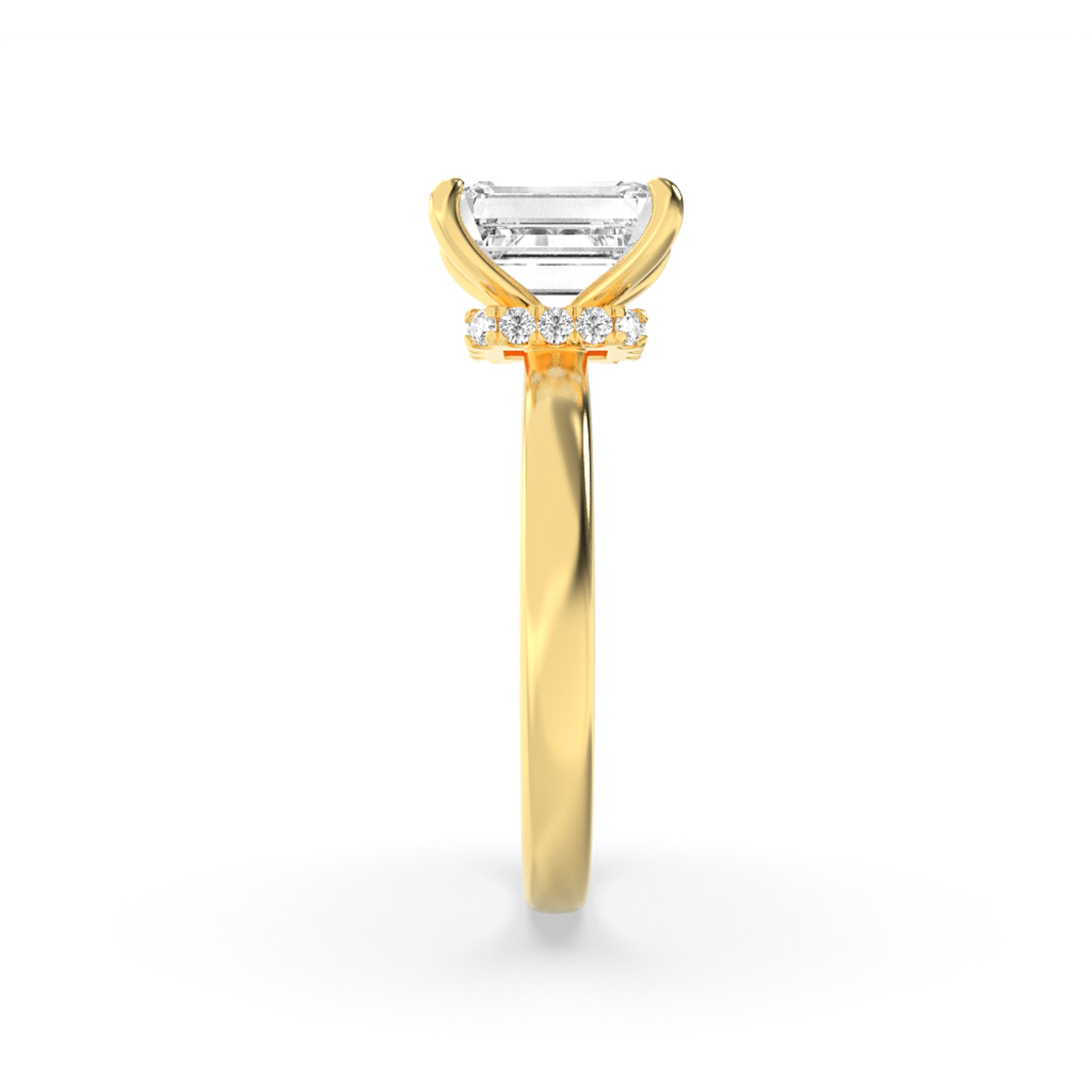 3Cttw Emerald Shaped Lab Grown Diamond (F/VS) Hidden Halo Plain Shank Engagement Ring in 14K Gold