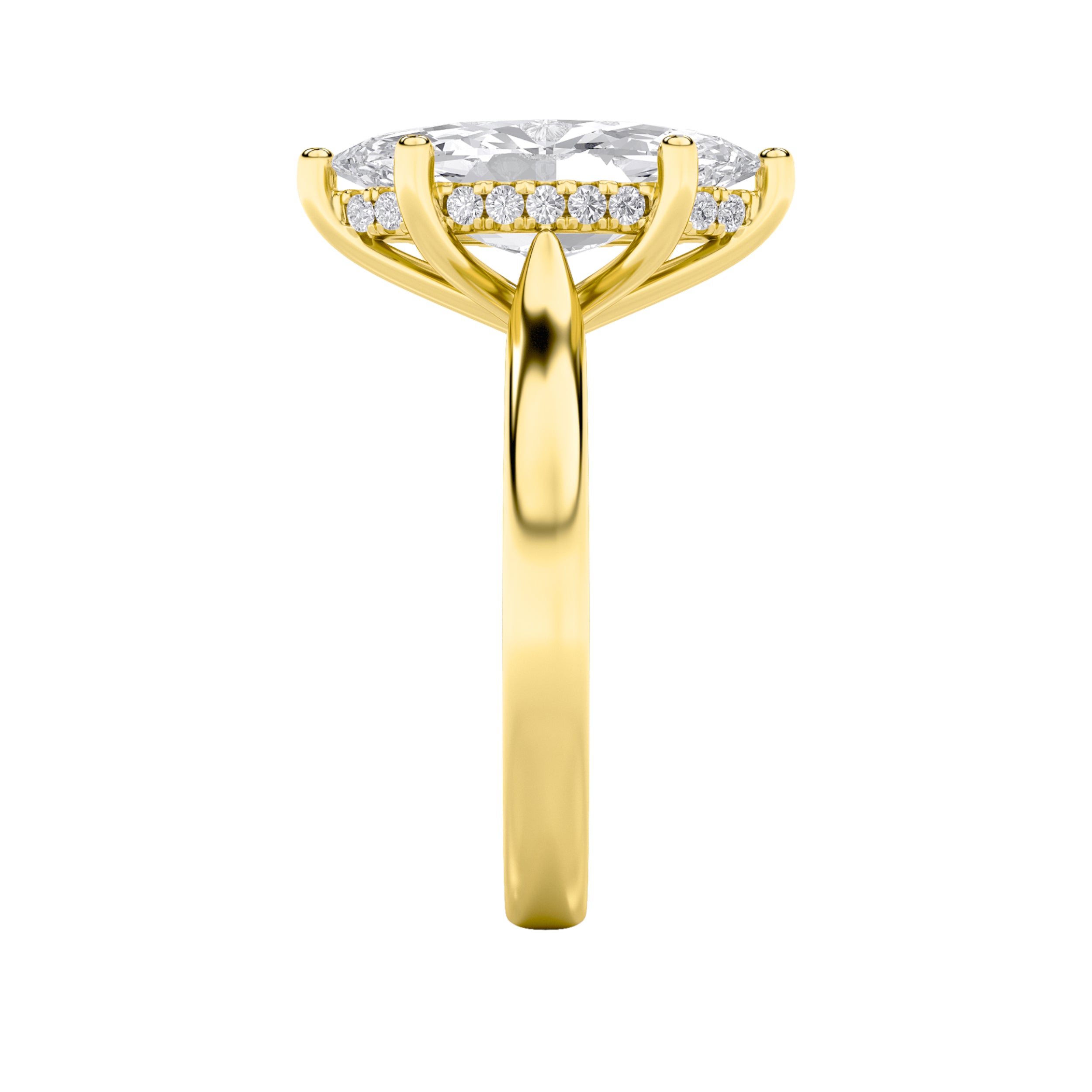 2Cttw Marquise Shaped Lab Grown Diamond (F/VS) Hidden Halo Cathedral Shank Engagement Ring in 14K Gold