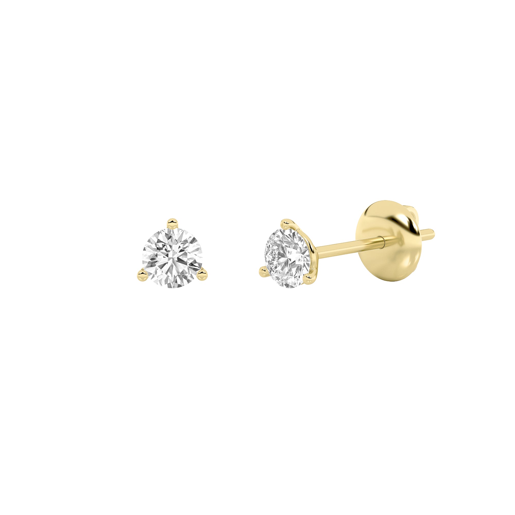 Round Shaped Lab Grown Diamond Three Prong Martini Stud Earrings in 14K Yellow Gold