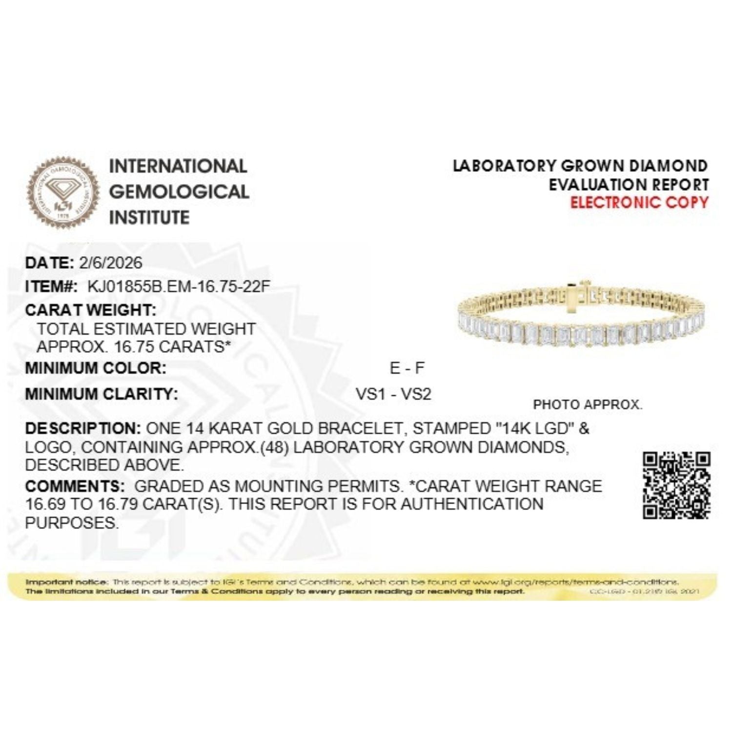 Emerald Shaped Lab Grown Diamond (F/VS) Bracelet in 14K Gold