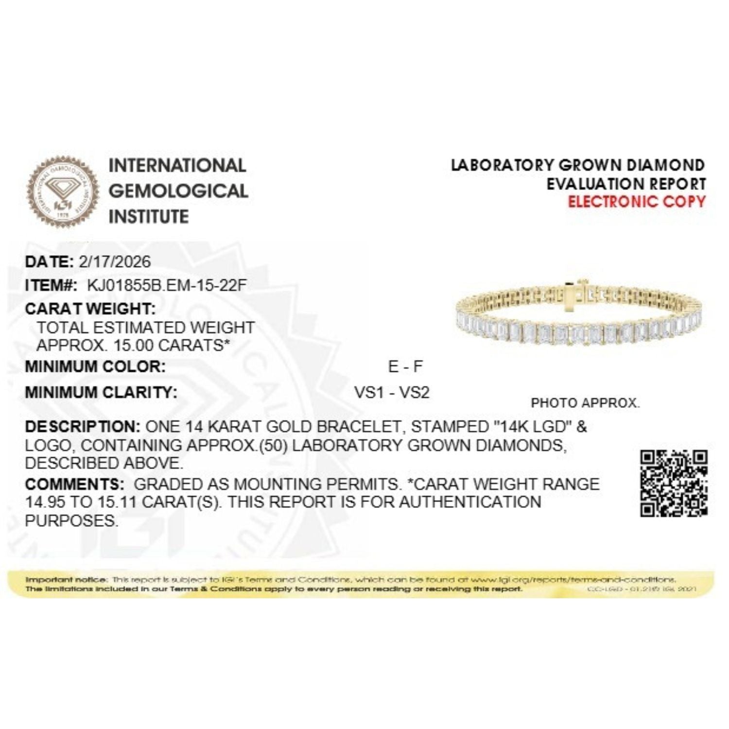 Emerald Shaped Lab Grown Diamond (F/VS) Bracelet in 14K Gold