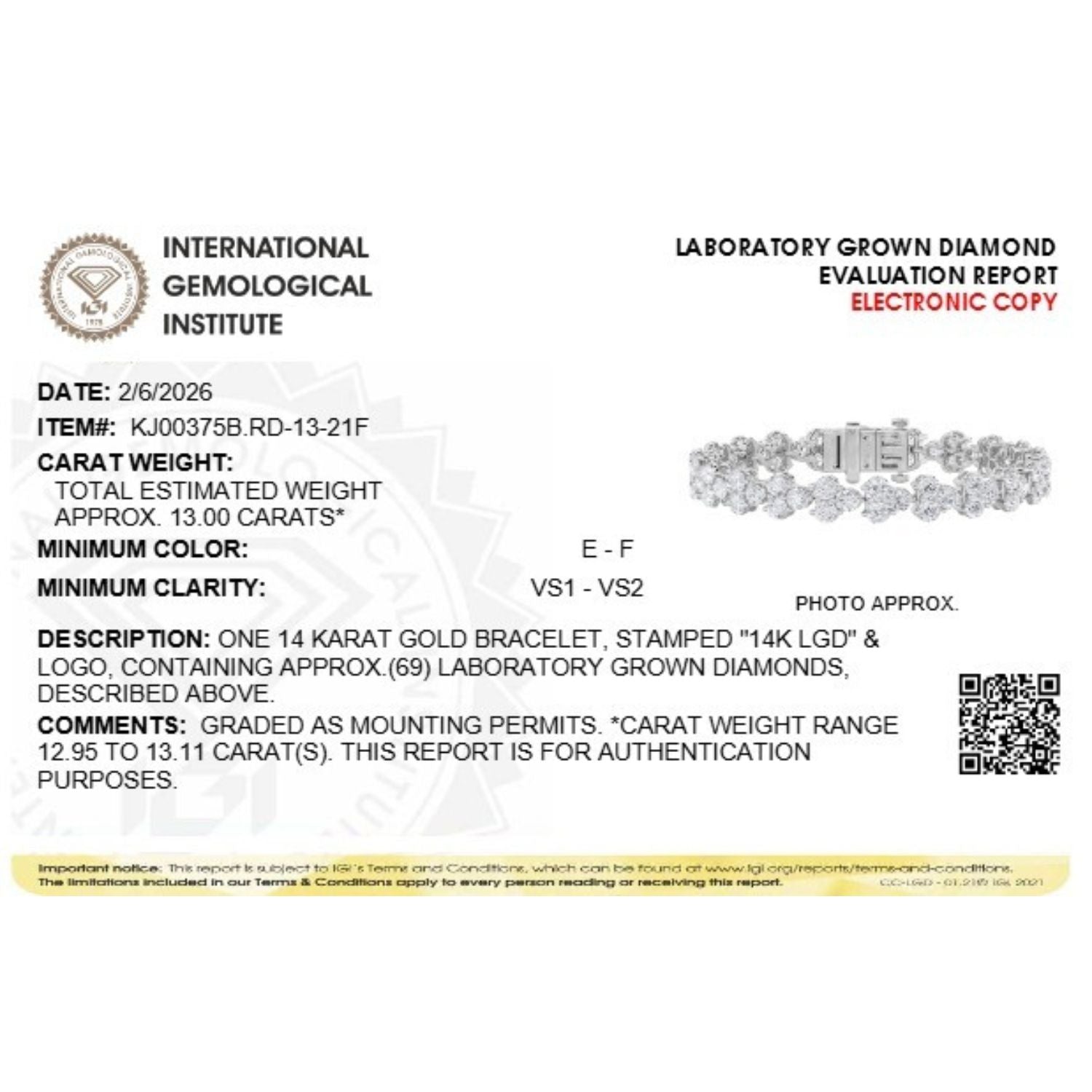 13Cttw Round Shaped Lab Grown Diamond (F/VS) Cluster Bracelet in 14K Gold
