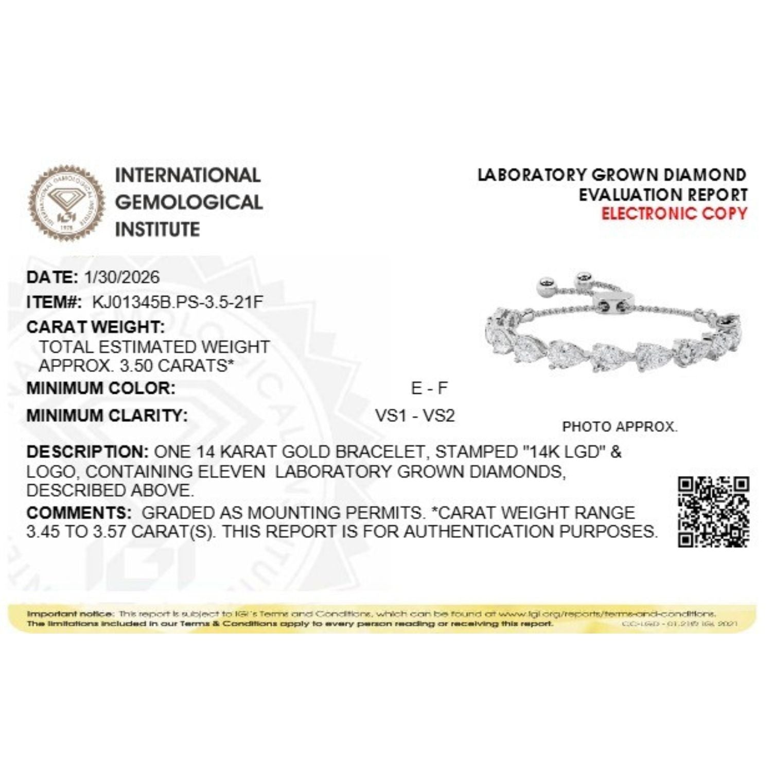 3.5Cttw Pear Shaped Lab Grown Diamond (F/VS) Bolo Bracelet in 14K Gold