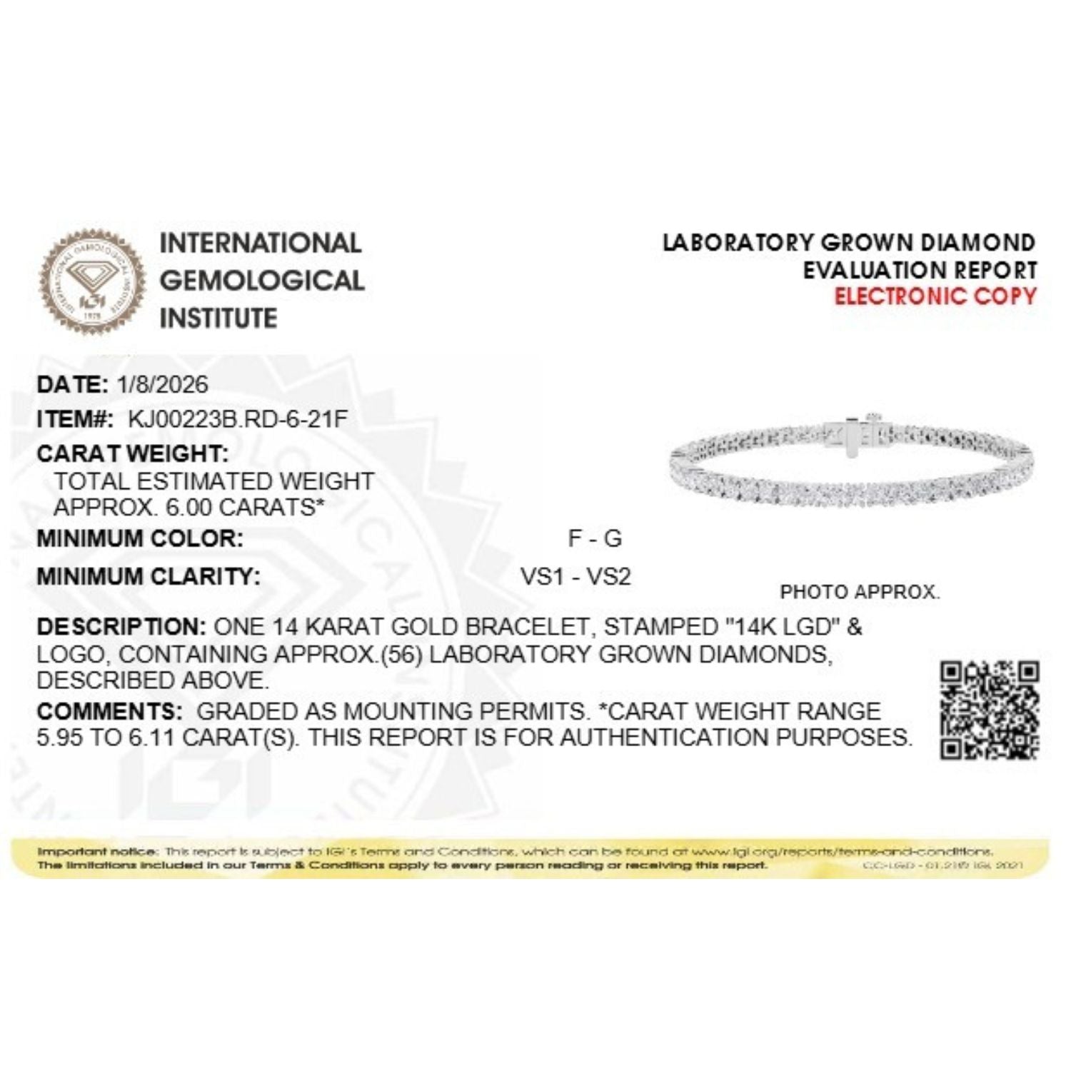 Round Shaped Lab Grown Diamond (F/VS) Classic Tennis Bracelet in 14K White Gold