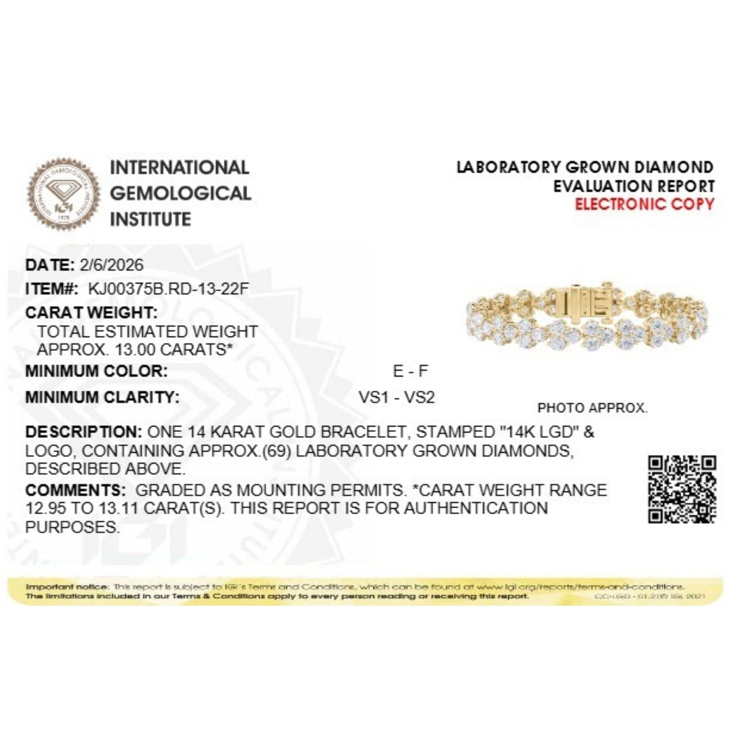 13Cttw Round Shaped Lab Grown Diamond (F/VS) Cluster Bracelet in 14K Gold