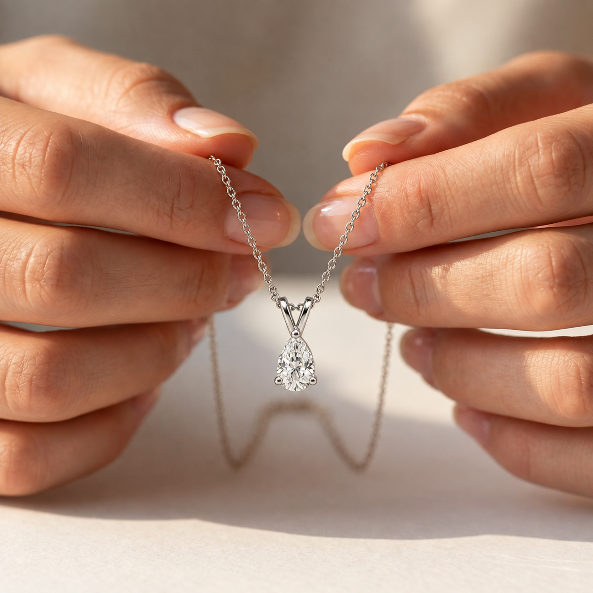 IGI Certified Pear Lab Grown Diamond Rhodium Over Silver Solitaire Necklace