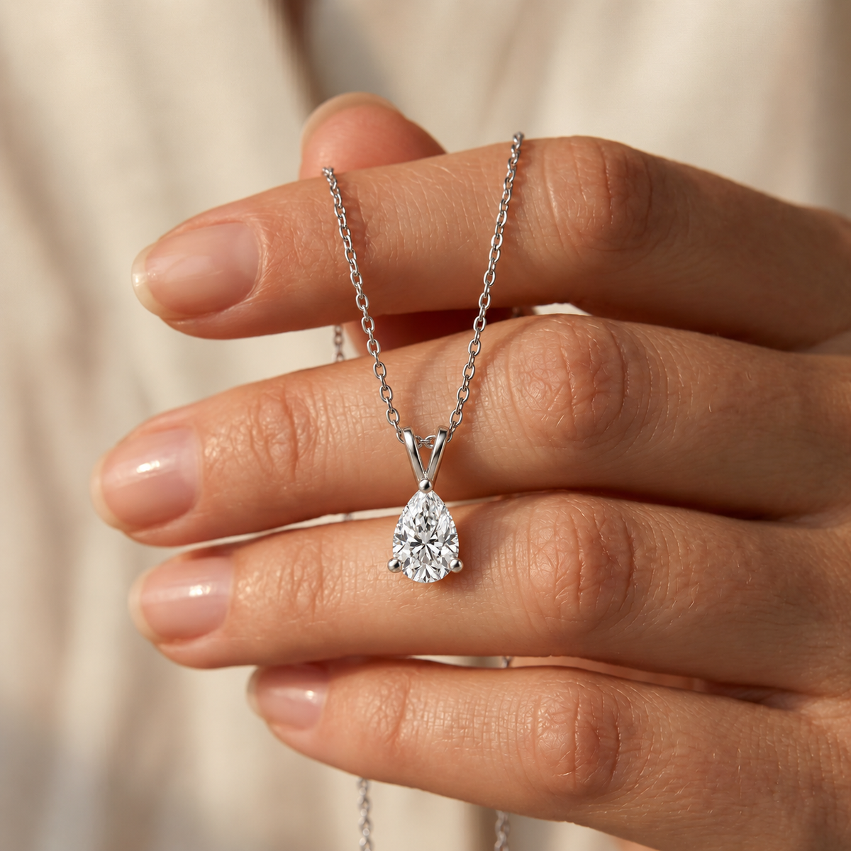 IGI Certified Pear Lab Grown Diamond Rhodium Over Silver Solitaire Necklace
