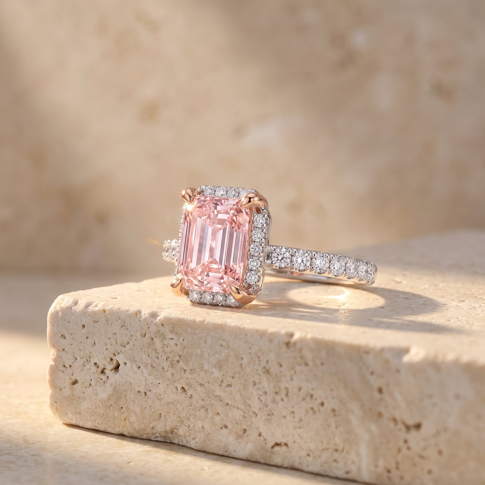 2Cttw Emerald Shaped Pink Lab Grown Diamond (F/VS) Halo Accented Engagement Ring in 14K Gold
