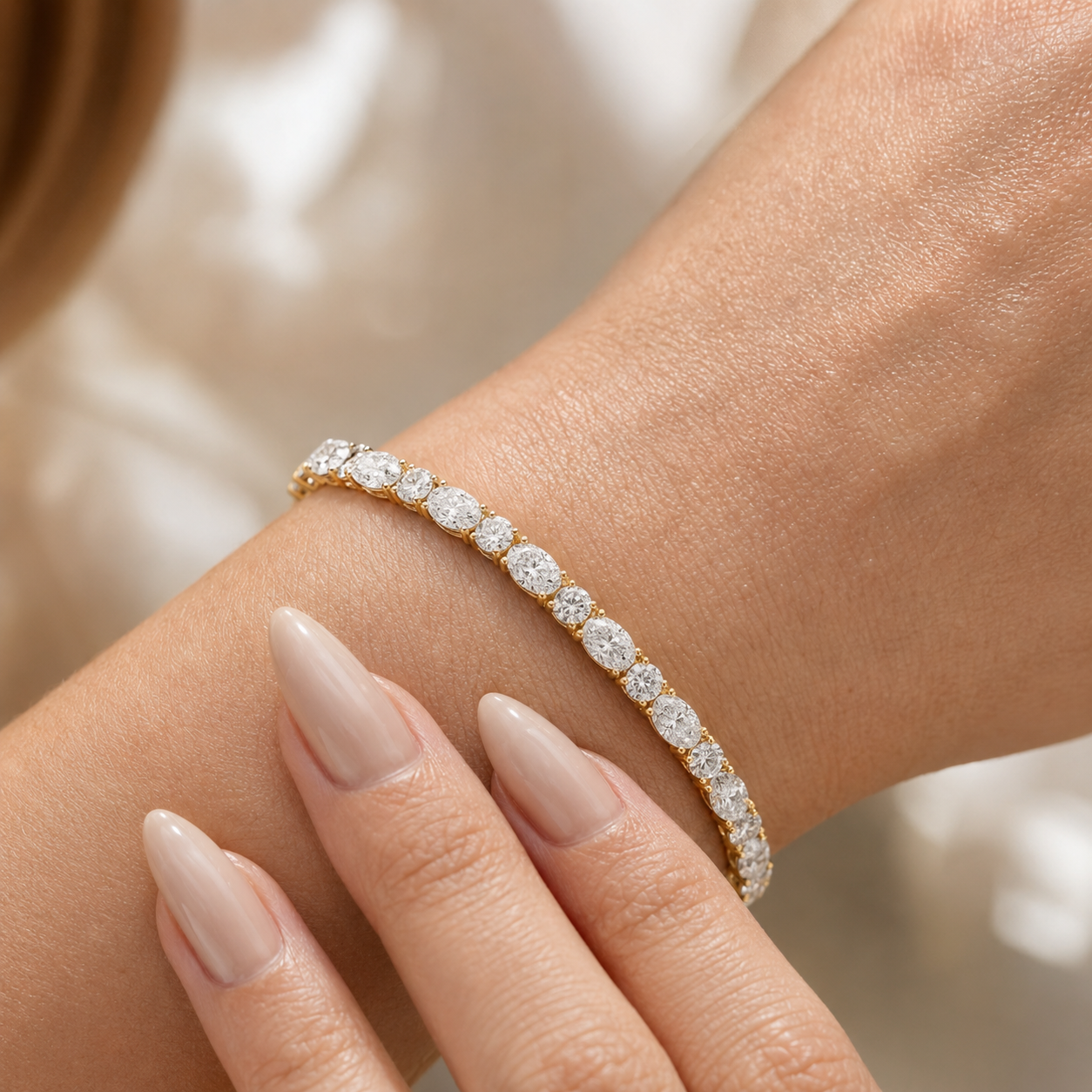 7Cttw Oval Shaped Lab Grown Diamond (F/VS) East West Bracelet in 14K Gold