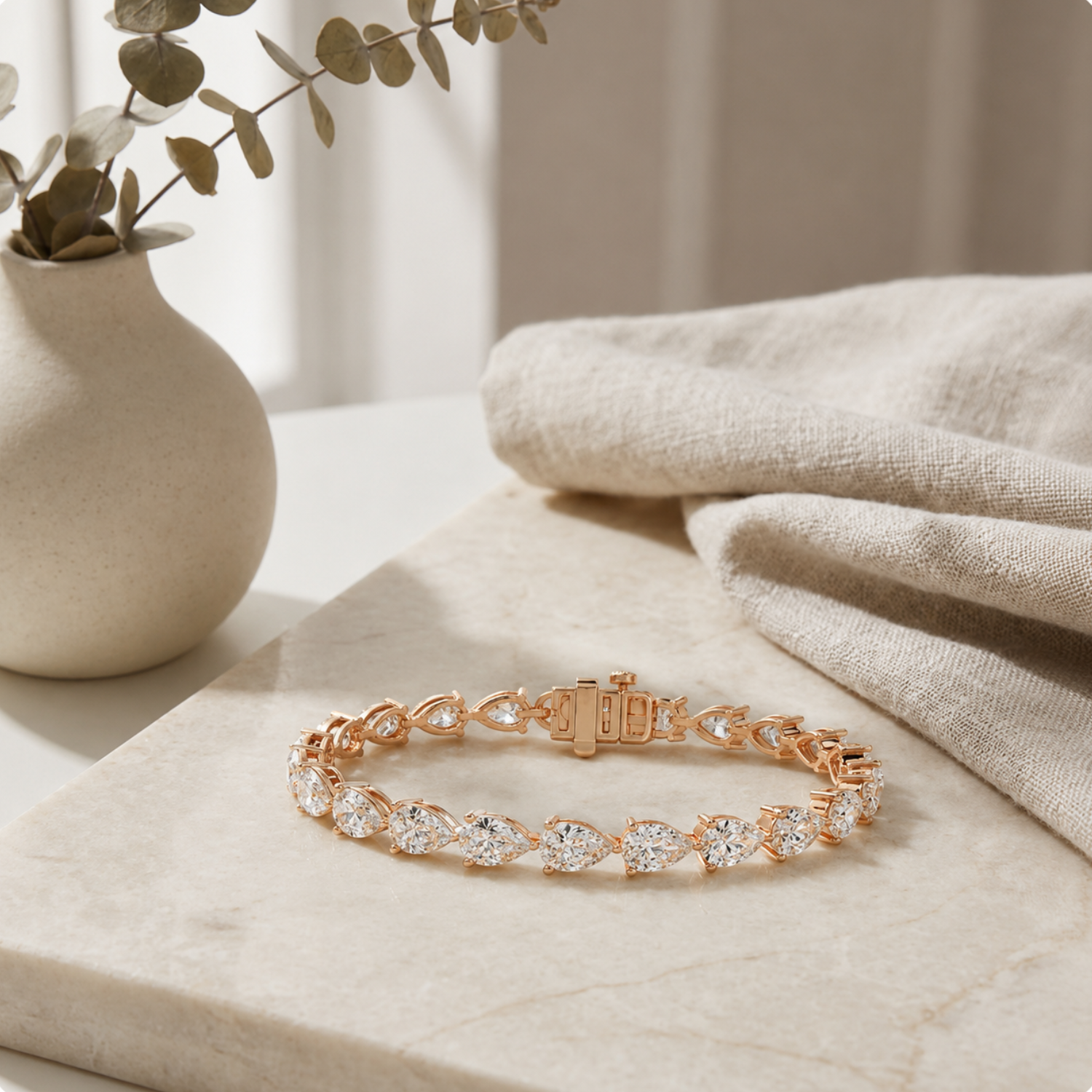 Pear Lab Grown Diamond Prong 14K Rose Gold Fancy Line Tennis Bracelet